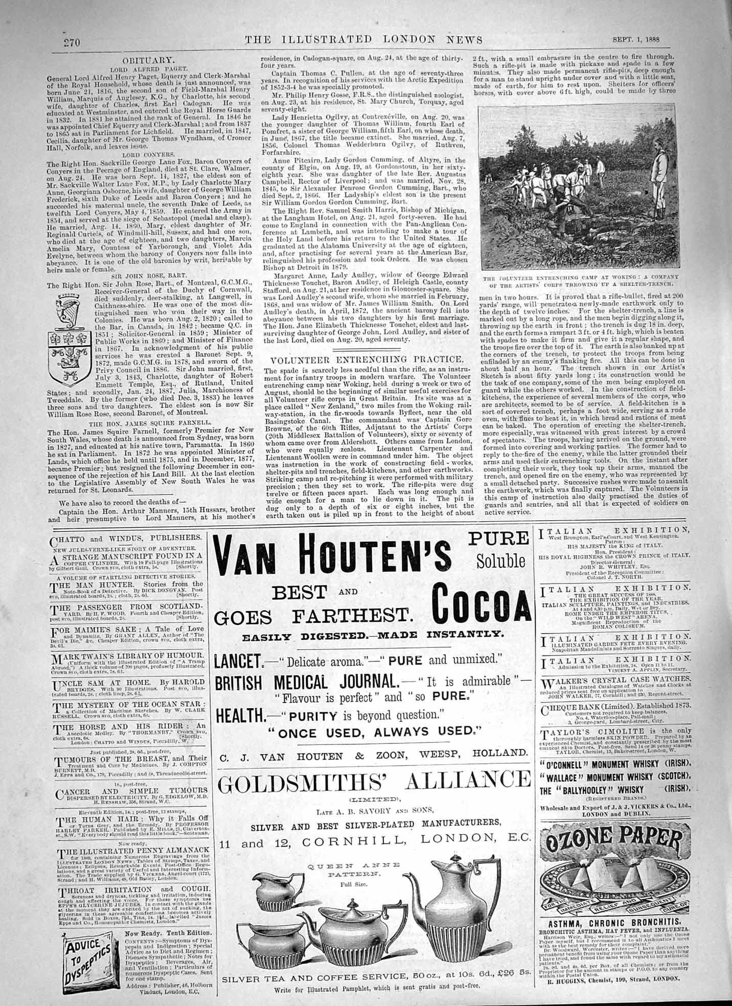 Original Old Antique Print 1888 Entrenching Camp Woking Van Houten Cocoa Coffee