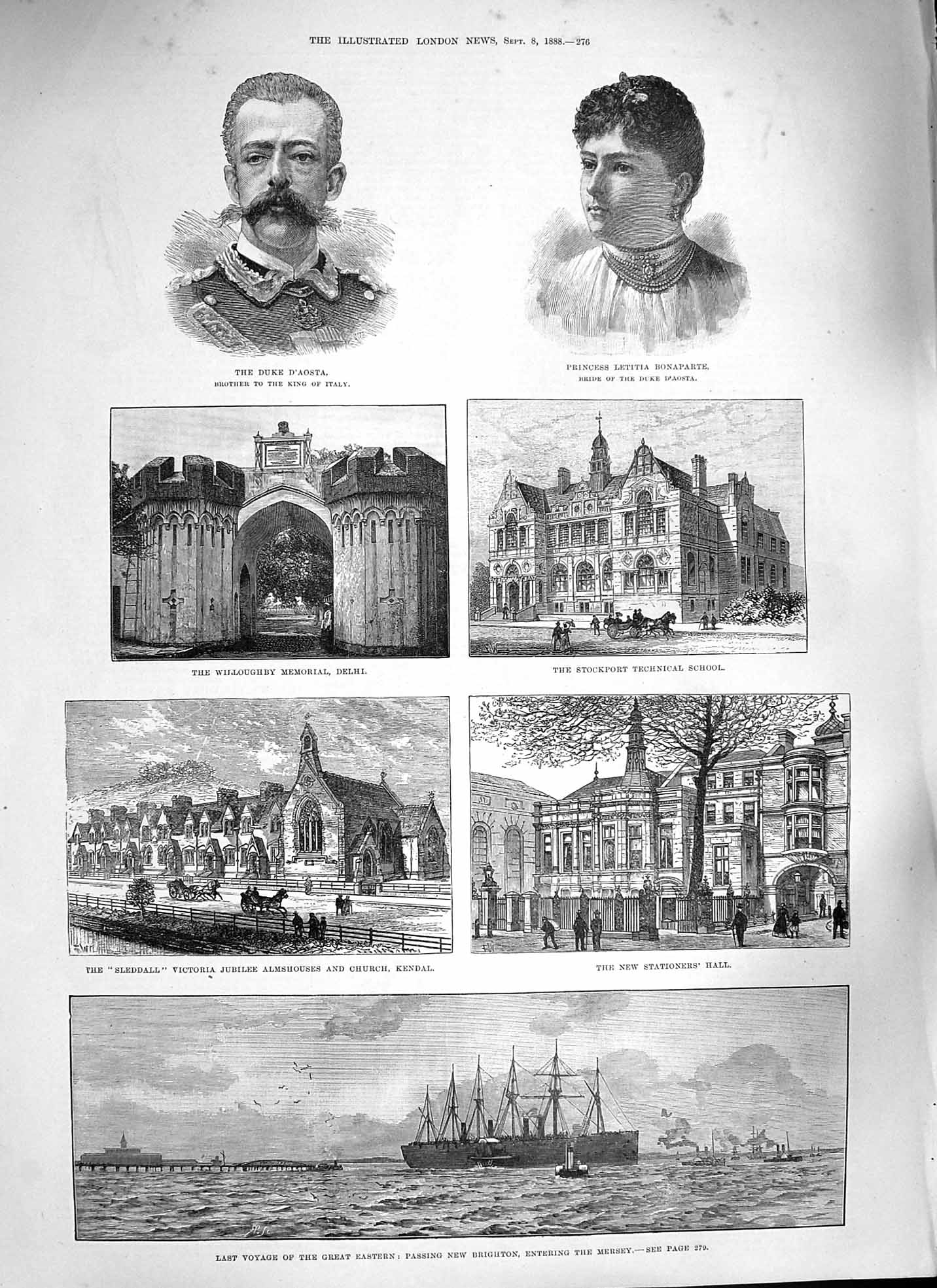 Old Antique Print 1888 Great Eastern Ship Brighton D'Aosta Delhi Sleddall 19th