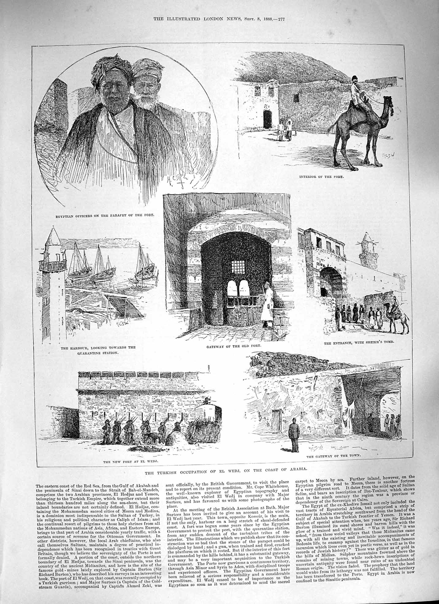 Old Antique Print 1888 Turkish Occupation El Wedj Arabia Egyptian Officer 19th