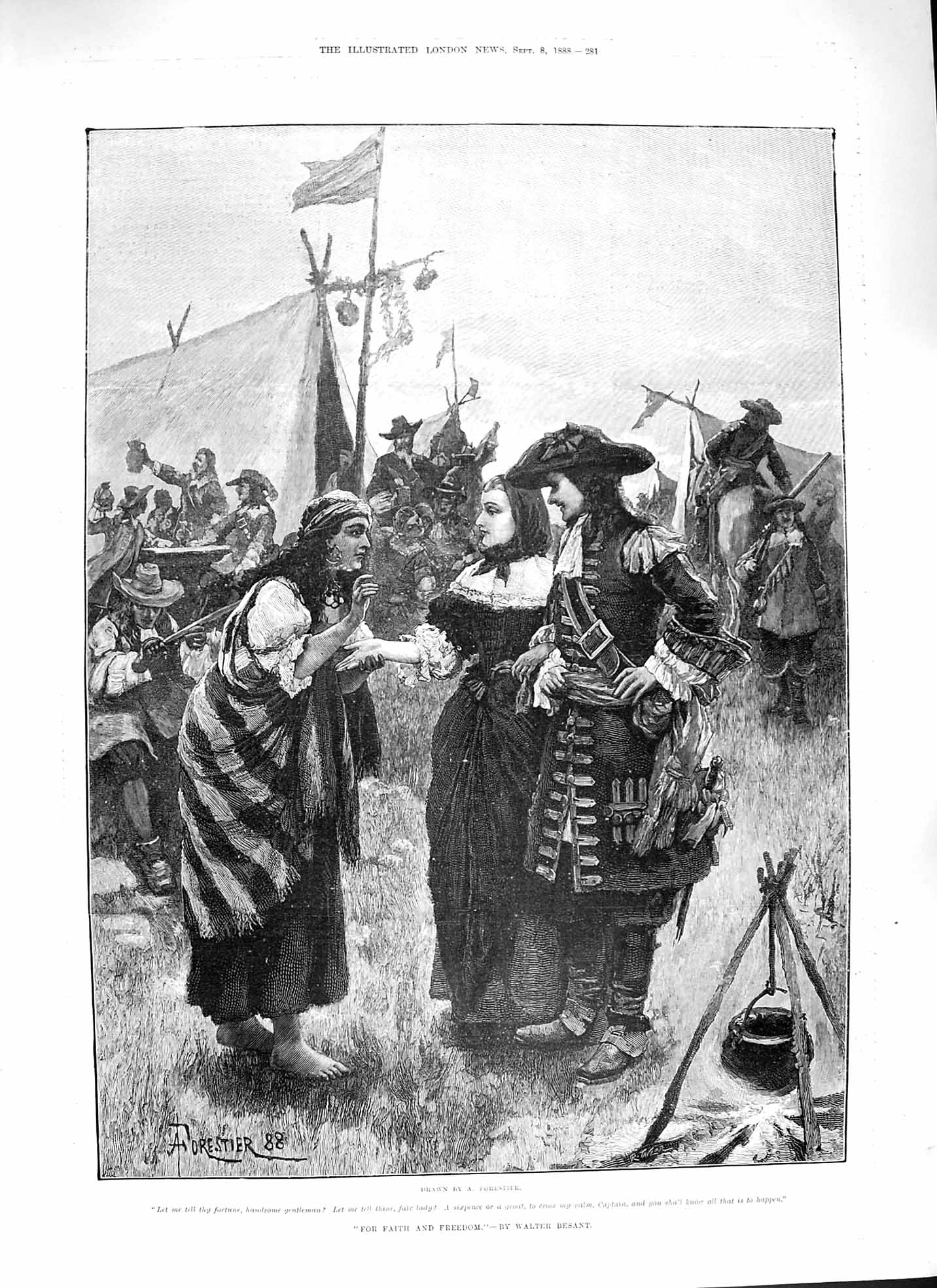Original Old Antique Print 1888 Faith And Freedom Romance Gipsy Lady Camp Scene