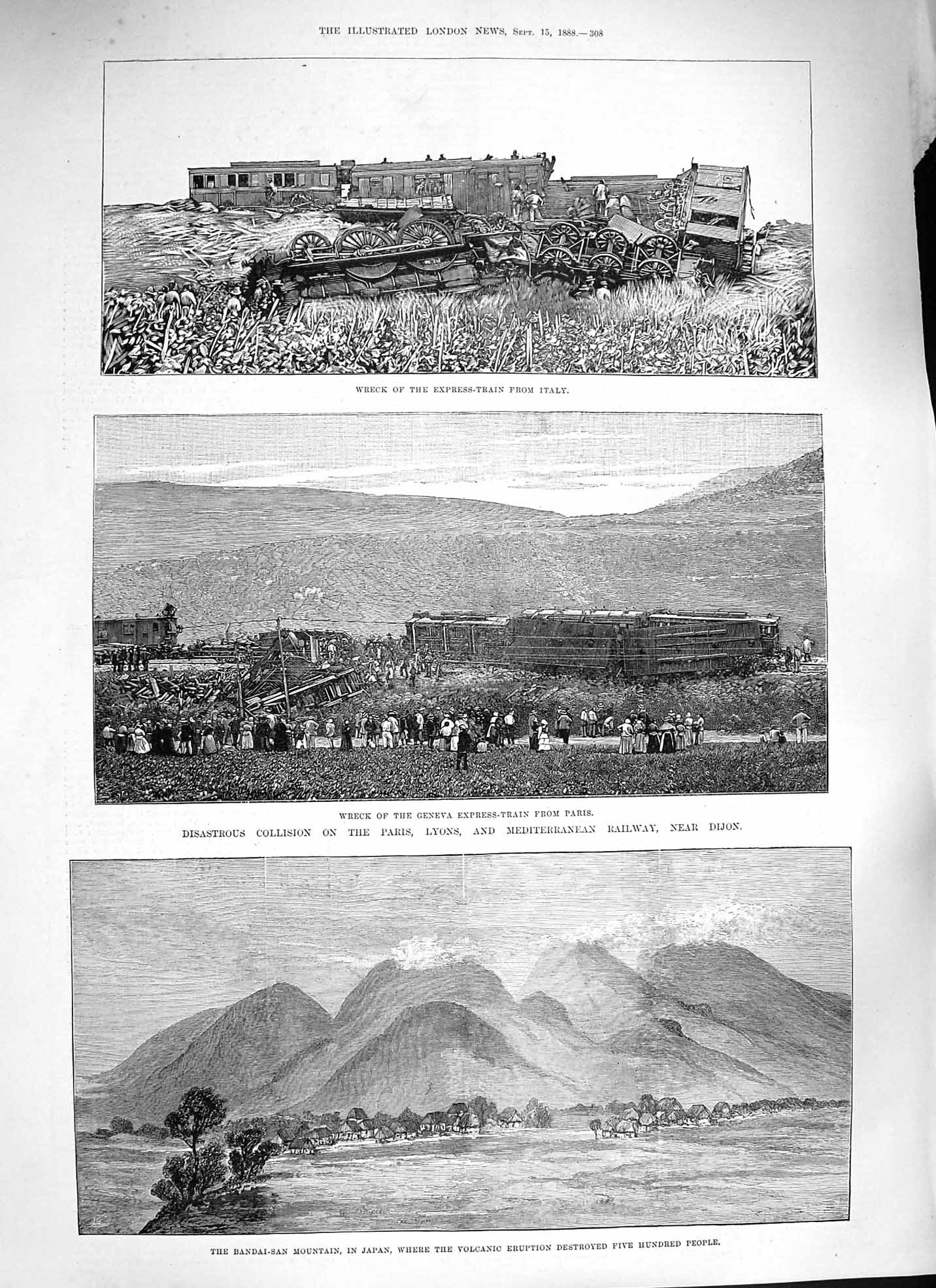 Old Antique Print 1888 Train Crash Paris Dijon Geneva Bandai-San Mountain 19th