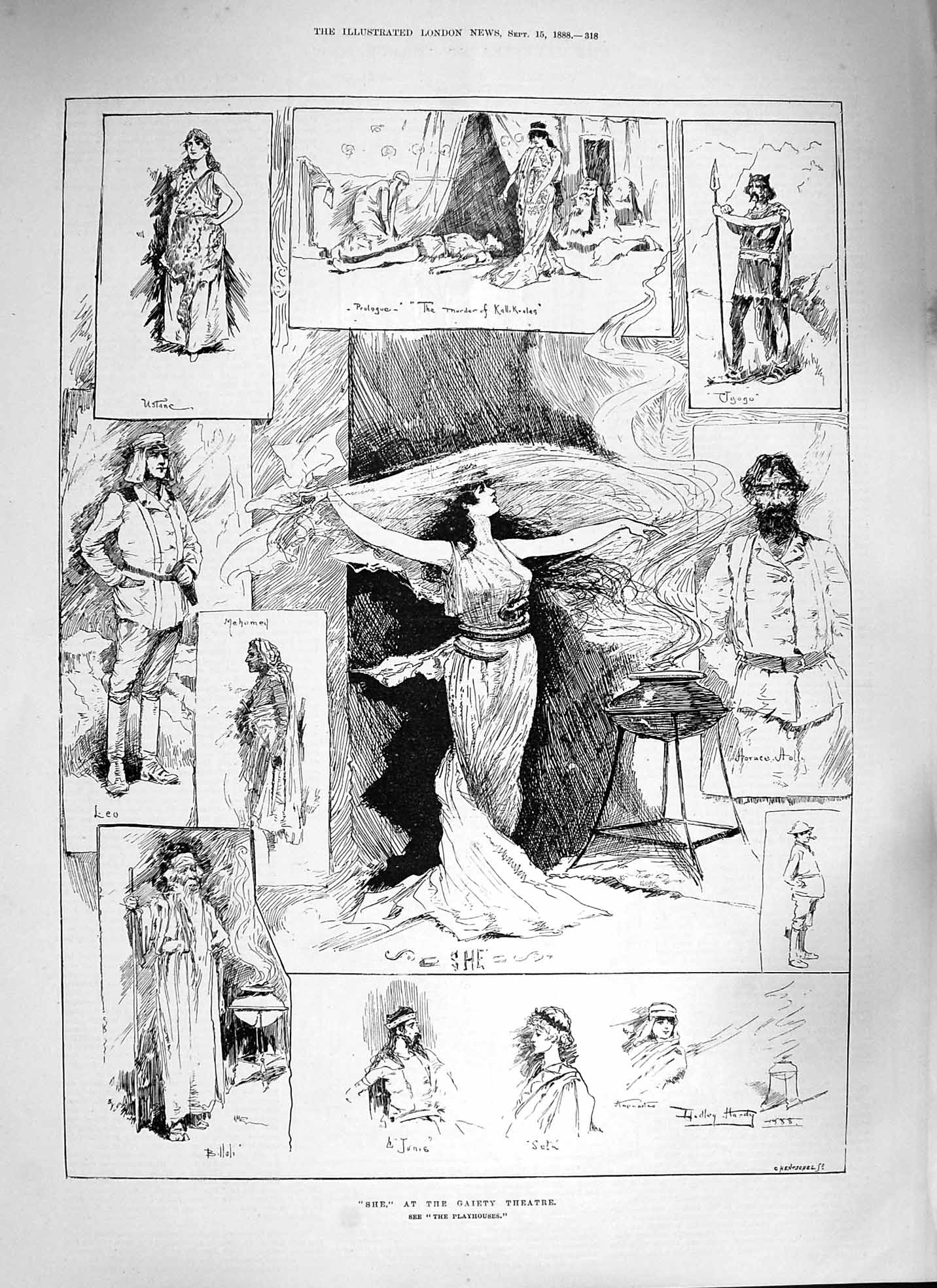 Original Old Antique Print 1888 She Gaiety Theatre Mehomed Leo Ustane Actors