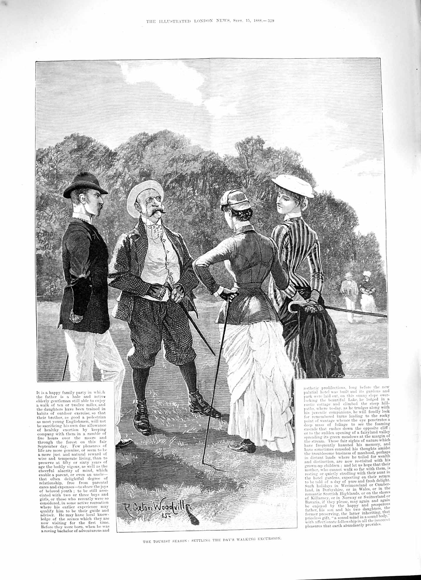 Original Old Antique Print 1888 Tourists Walking Excursion Woodville Victorian