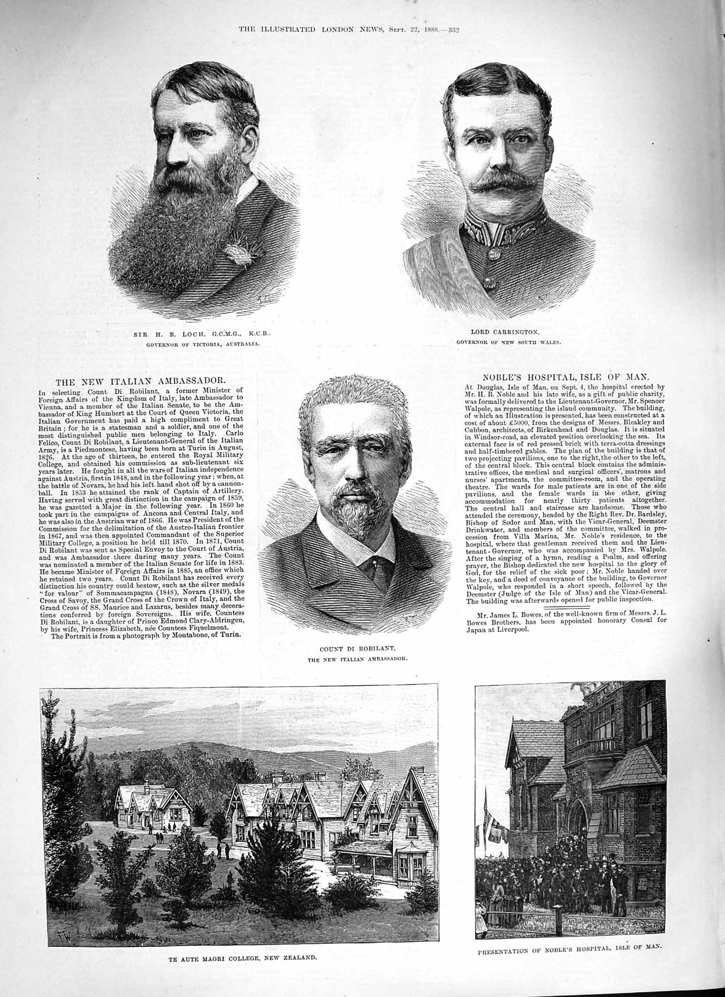 Old Antique Print 1888 Aute Maori College Zealand Hospital Isle Man Loch 19th