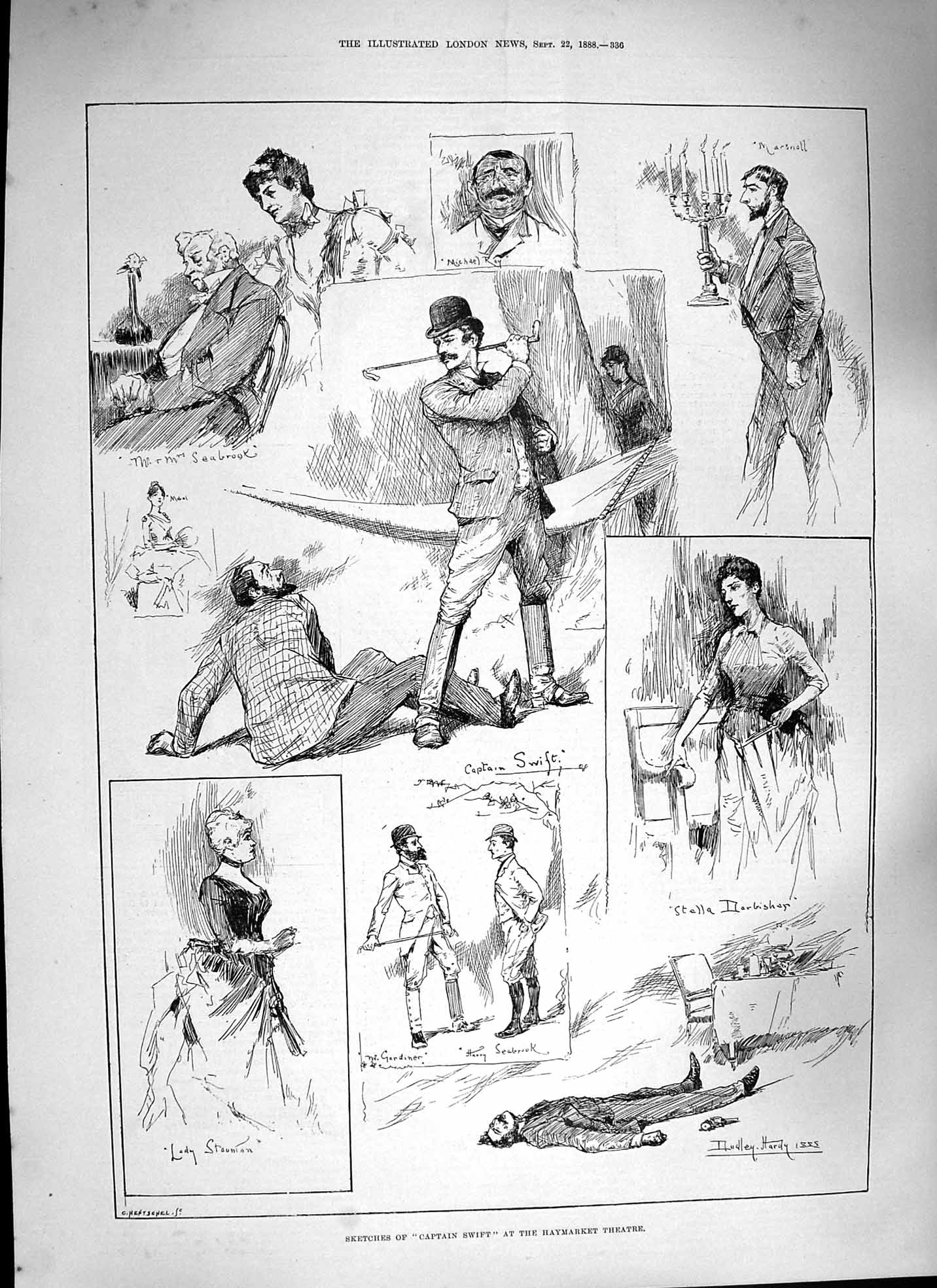 Original Old Antique Print 1888 Captain Swift Haymarket Theatre Seabrook Hardy
