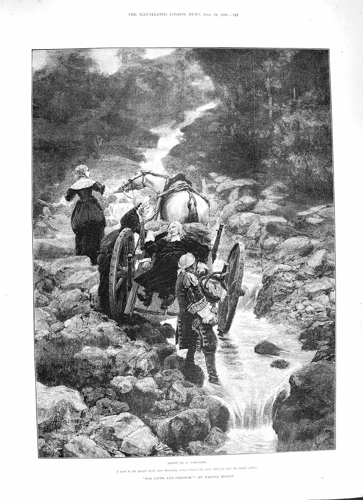 Original Old Antique Print 1888 Faith Freedom Barnaby Pony Cart Horses River