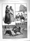 Original Old Antique Print 1888 Spanish Bull Fight Rock Gibraltar Lady Duenna
