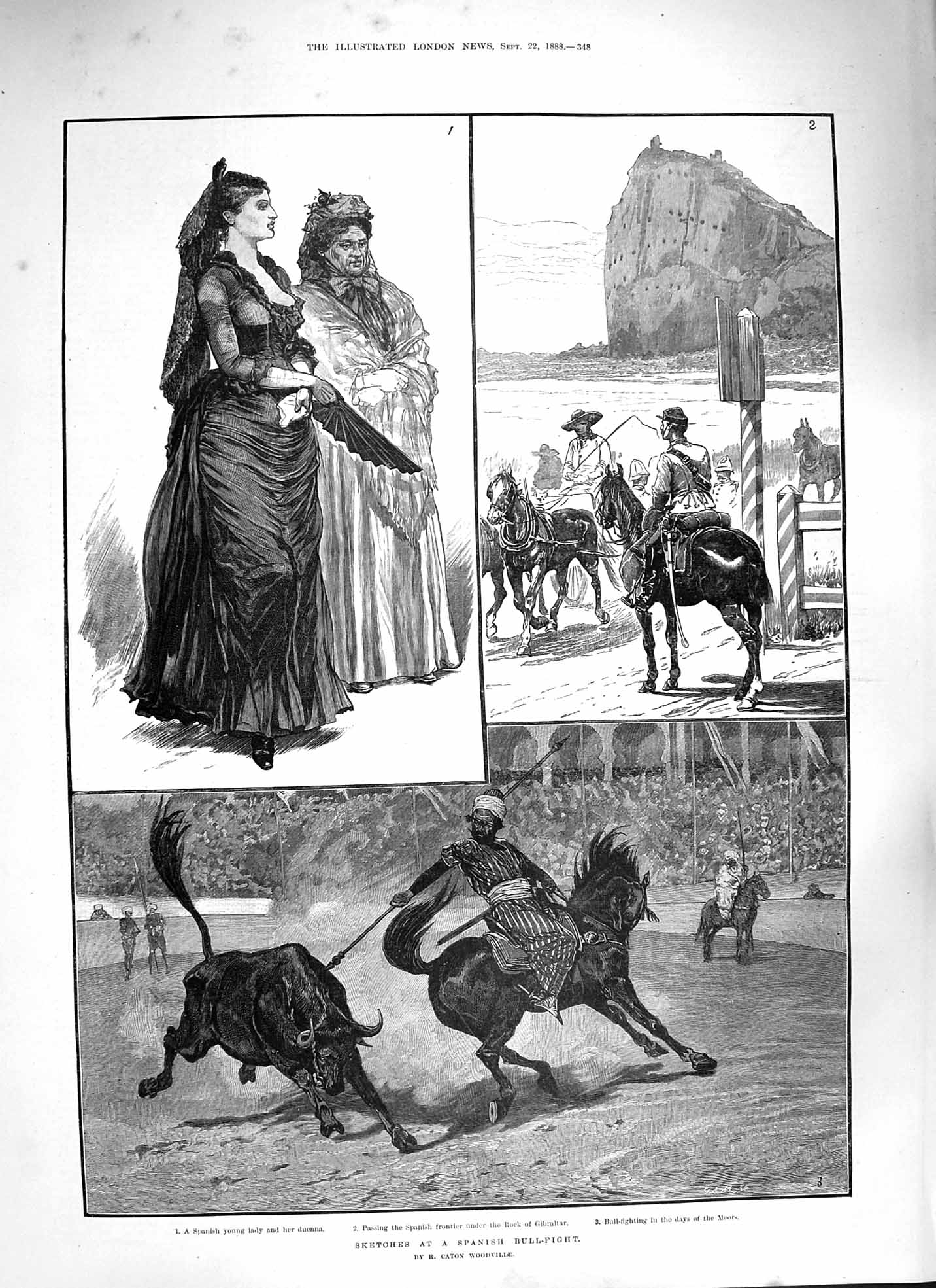 Original Old Antique Print 1888 Spanish Bull Fight Rock Gibraltar Lady Duenna