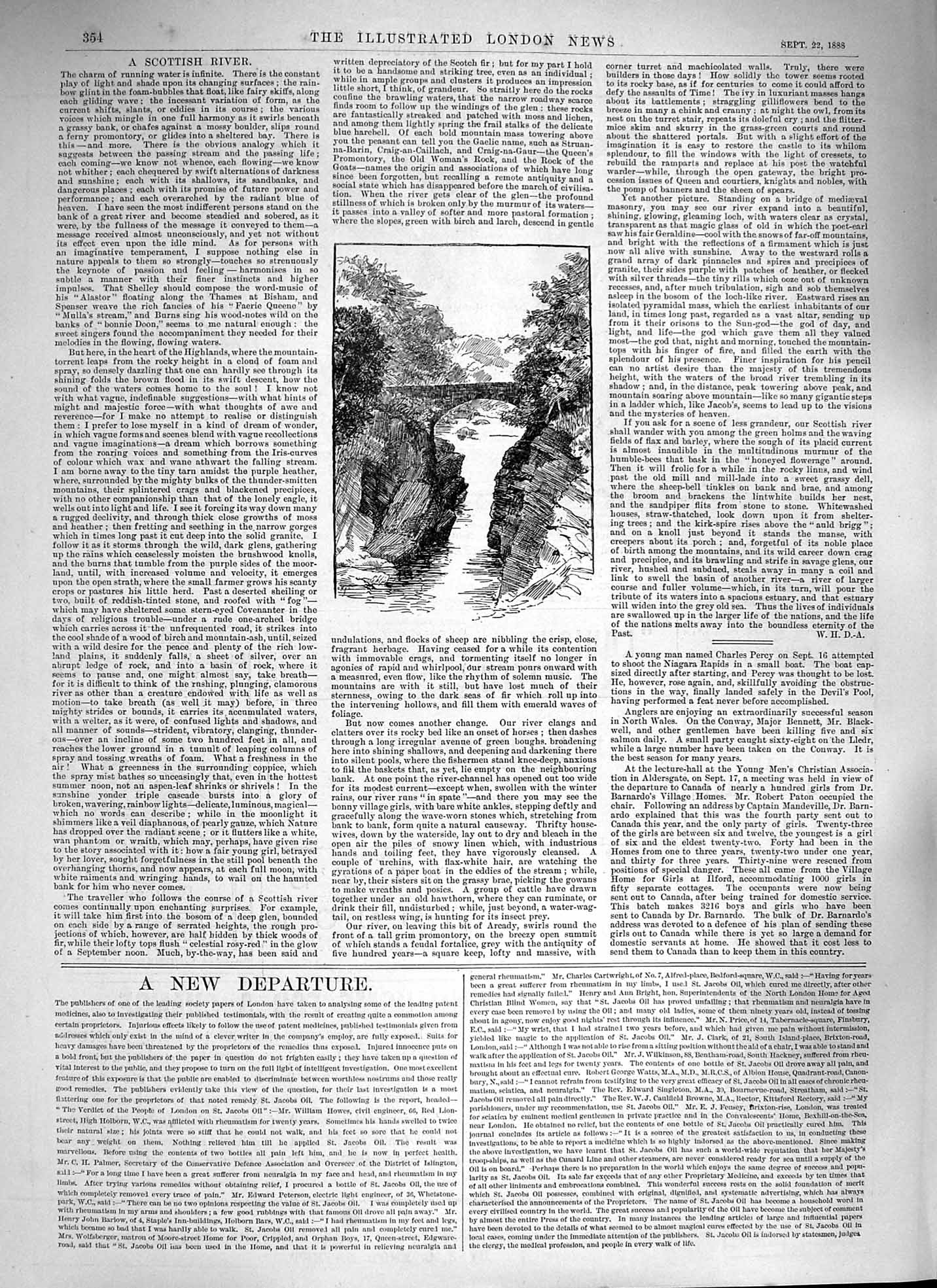 Original Old Antique Print 1888 River Scotland Bridge Trees 19th