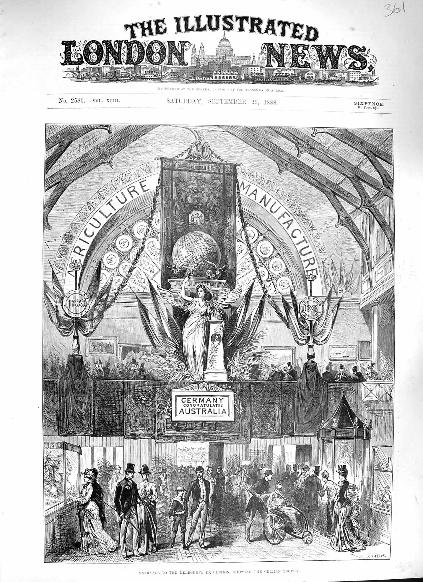 Original Old Antique Print 1888 Entrance Melbourne Exhibition German Trophy