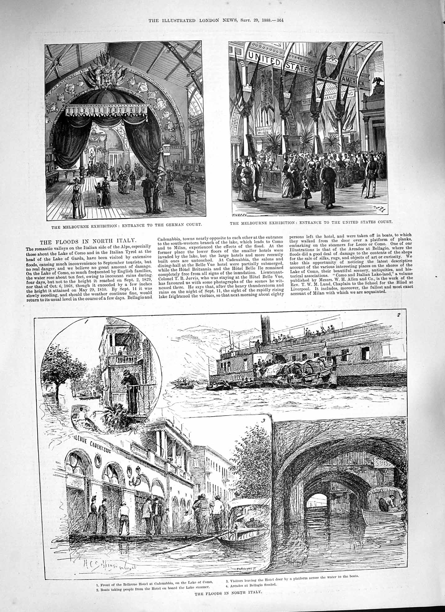 Old Antique Print 1888 Floods Italy Bellevue Lake Como Melbourne Proctor 19th