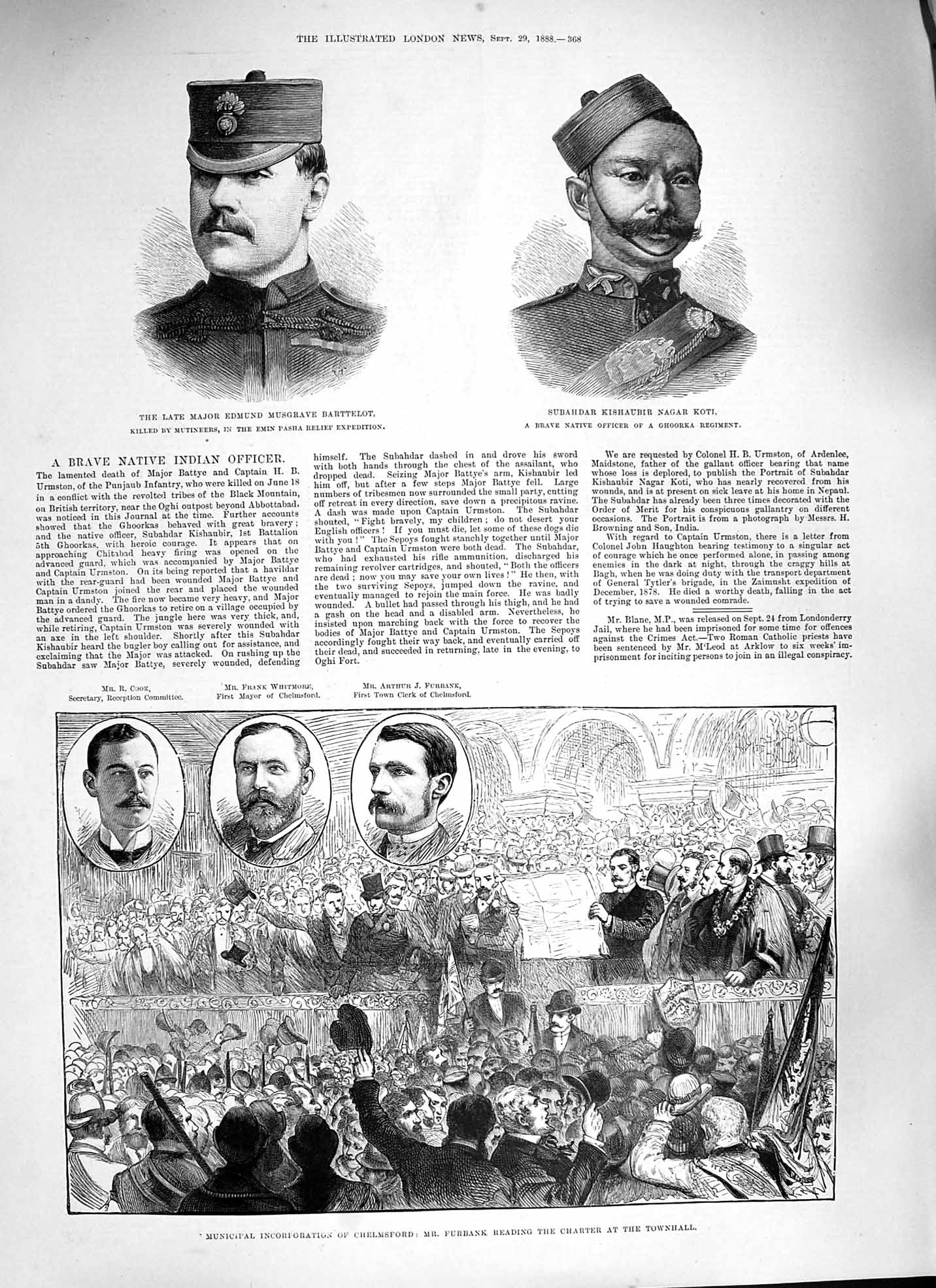 Old Antique Print 1888 Chelmsford Furbank Whitmore Barttelot Nagar Koti 19th