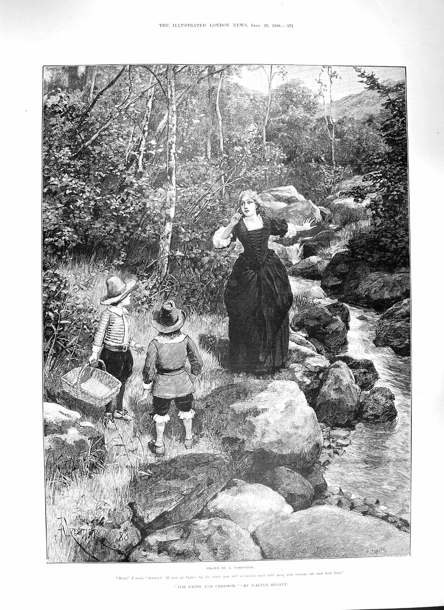 Original Old Antique Print 1888 Faith Freedom Lady Stream Boys Danger Besant