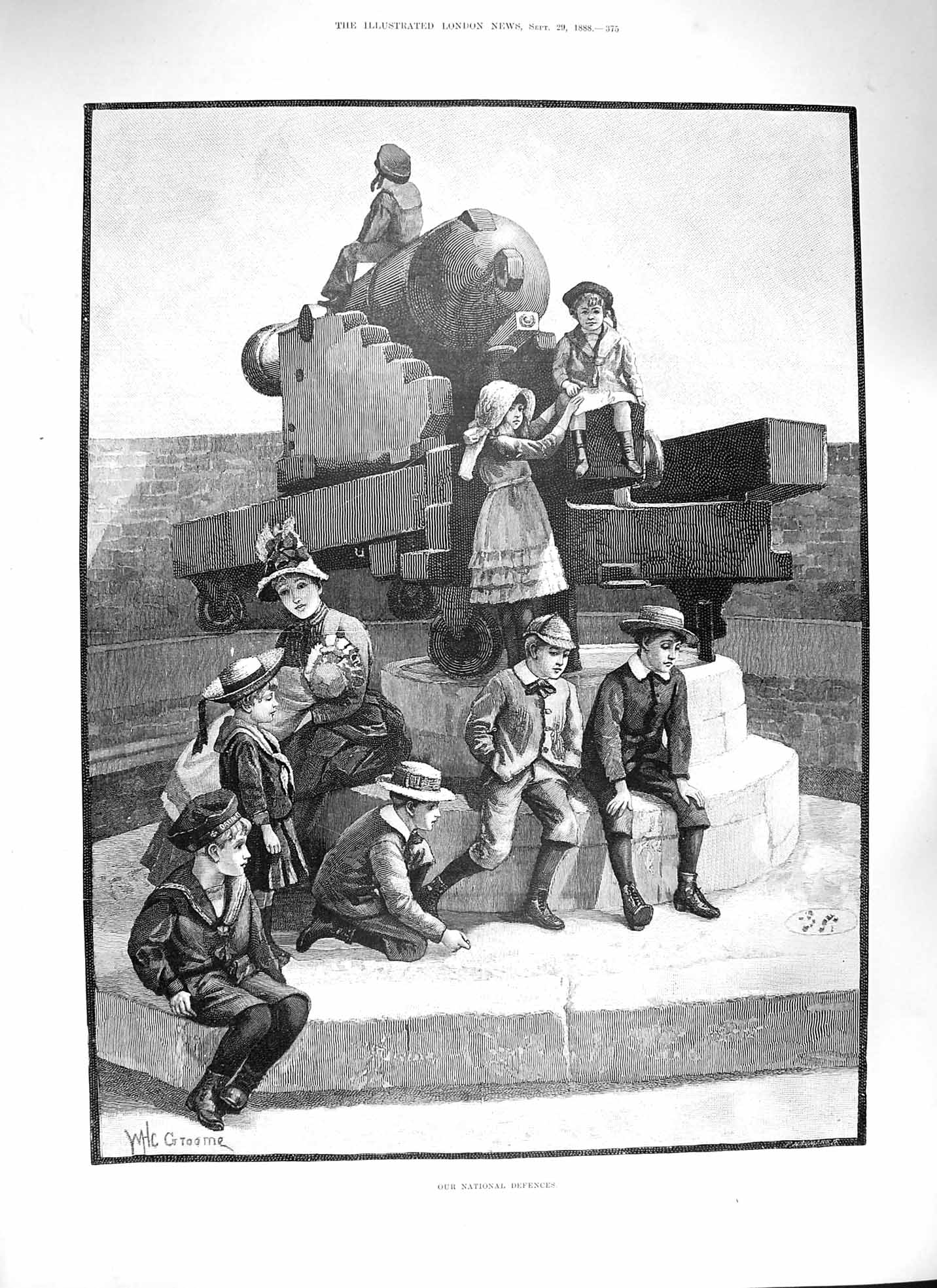 Original Old Antique Print 1888 National War Defences Canon Gun Children Mother
