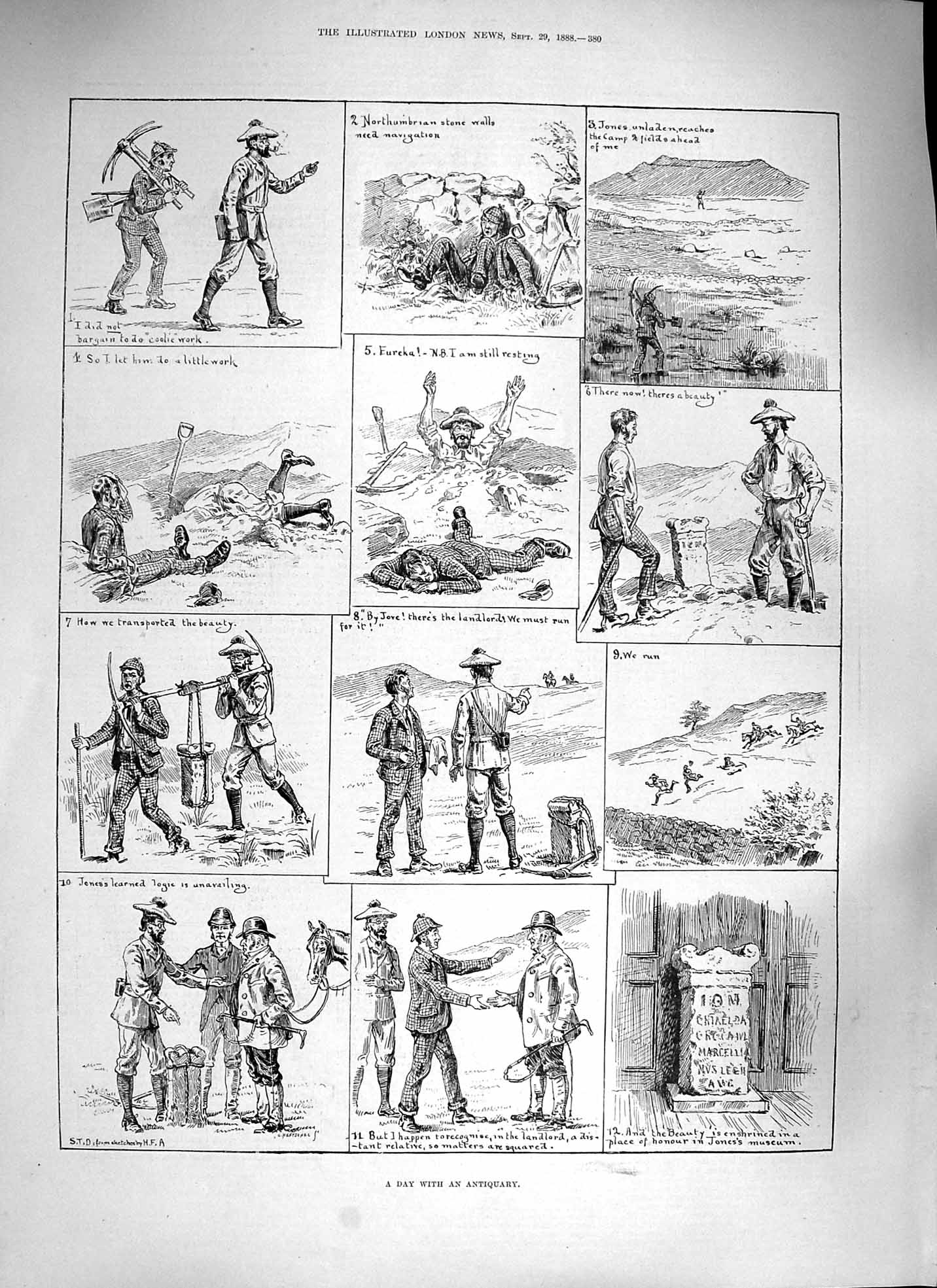 Original Old Antique Print 1888 Antiquary Coolie Jones Museu Monument Victorian