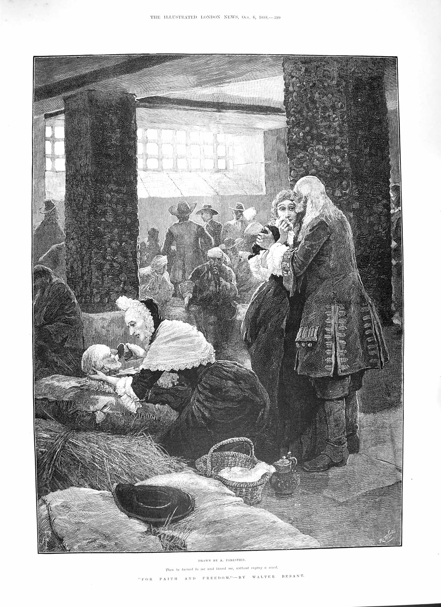 Original Old Antique Print 1888 Faith And Freedom Sick Men Nursing Victorian