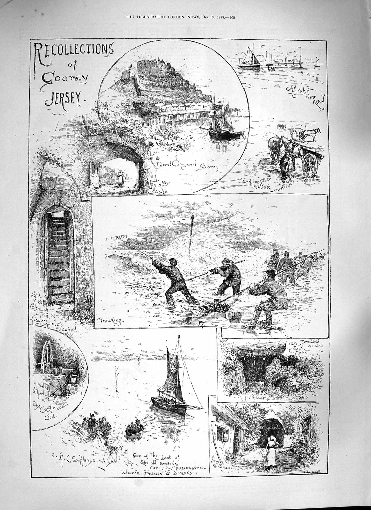 Old Antique Print 1888 Jersey Mount Castle Druidical Remians Gouray Puppy 19th