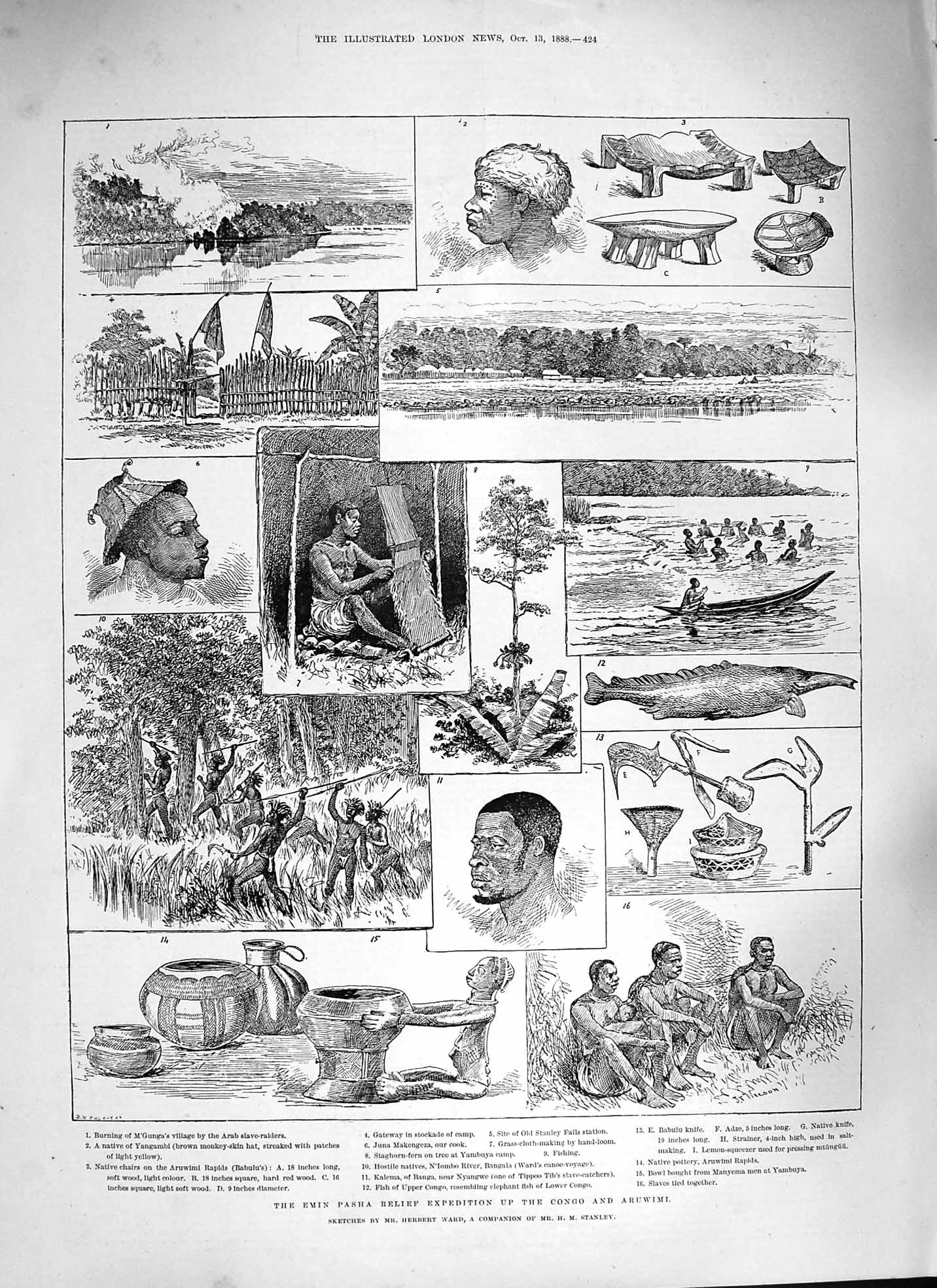 Old Antique Print 1888 Emin Pasha Congo Aruwimi Native Yangambi Bangala 19th