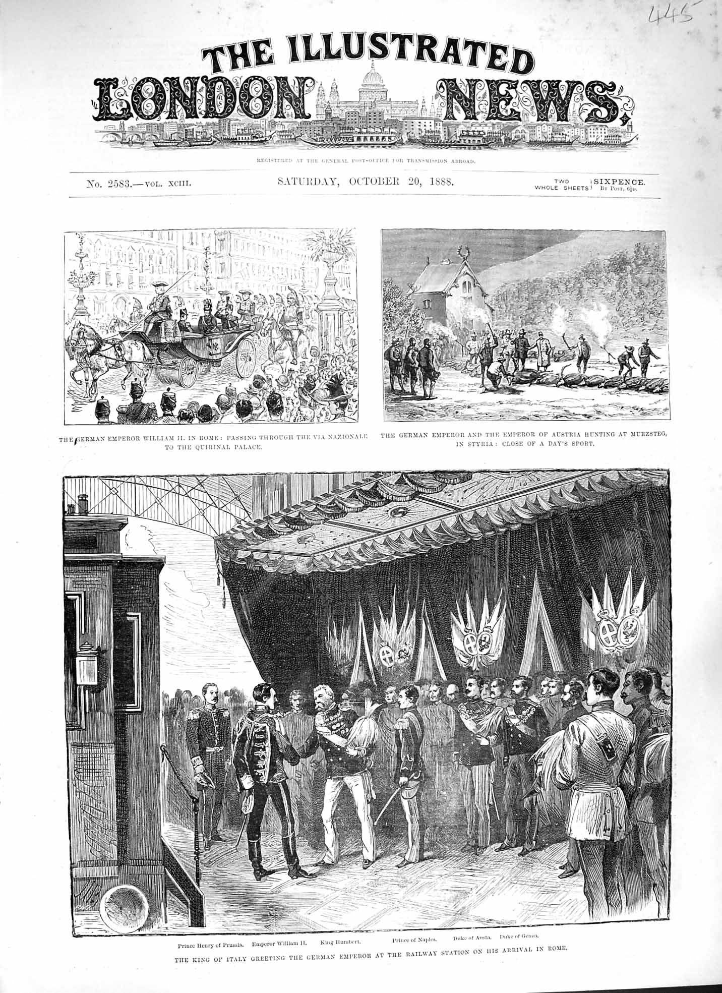 Original Old Antique Print 1888 King Italy German Emperor Railway Rome Quirinal
