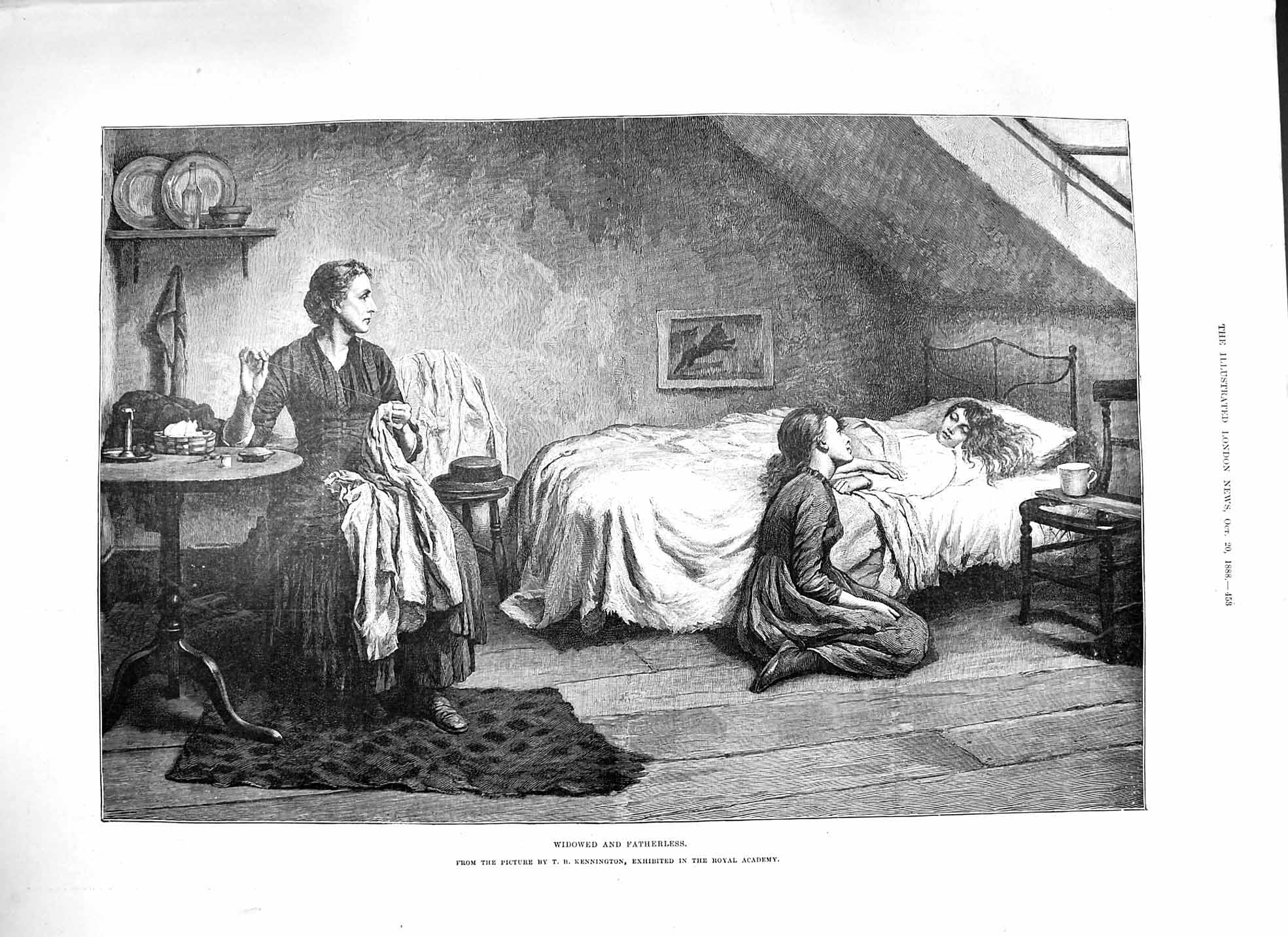Original Old Antique Print 1888 Widowed Fatherless Mother Children Family Home