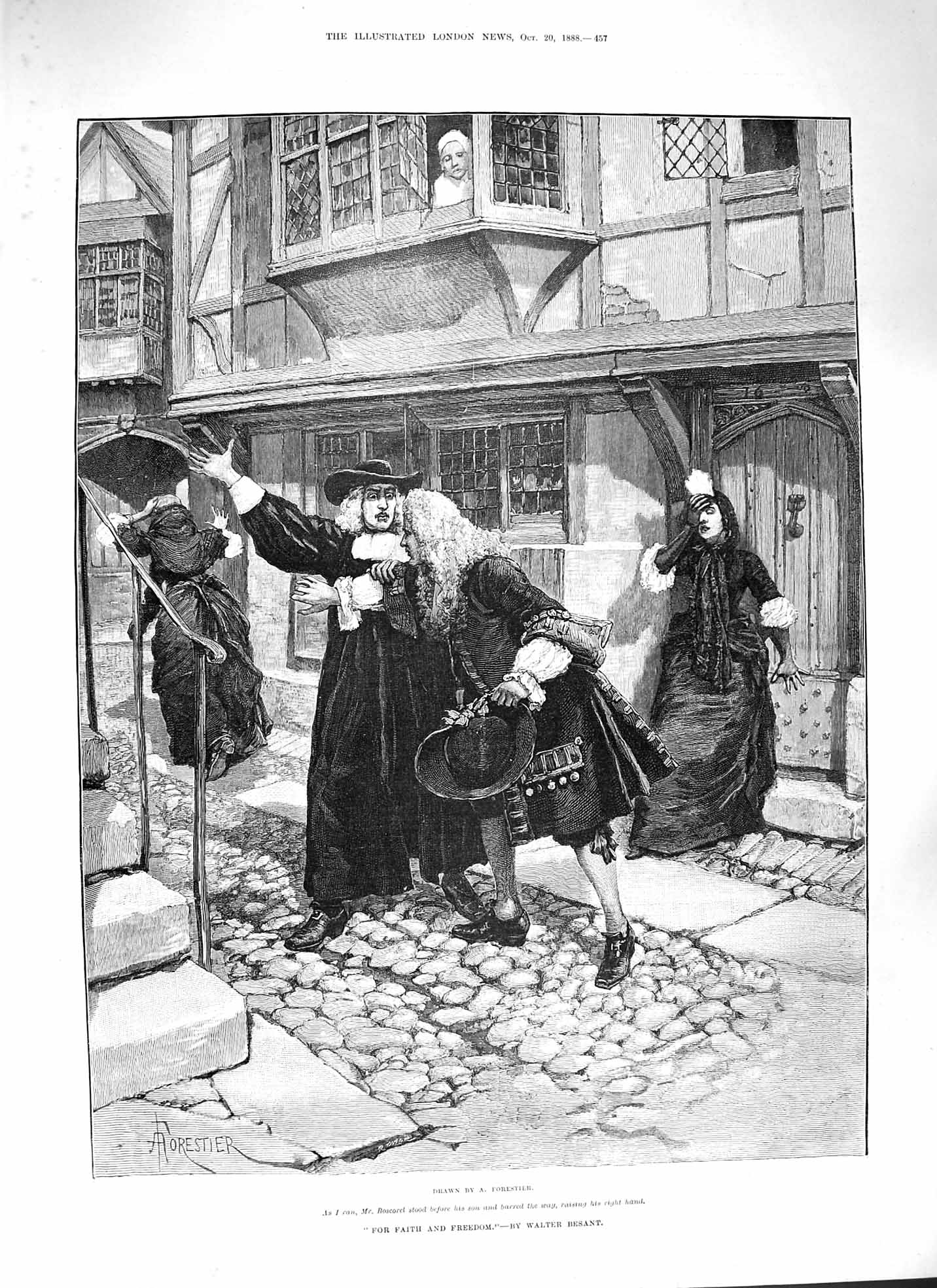 Old Antique Print 1888 Faith And Freedom Boscorel Street Scene Besant Art 19th