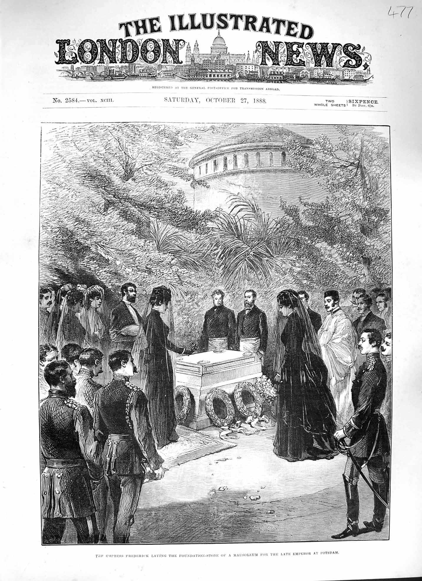 Original Old Antique Print 1888 Empress Frederick Foundation-Stone Mausoleum