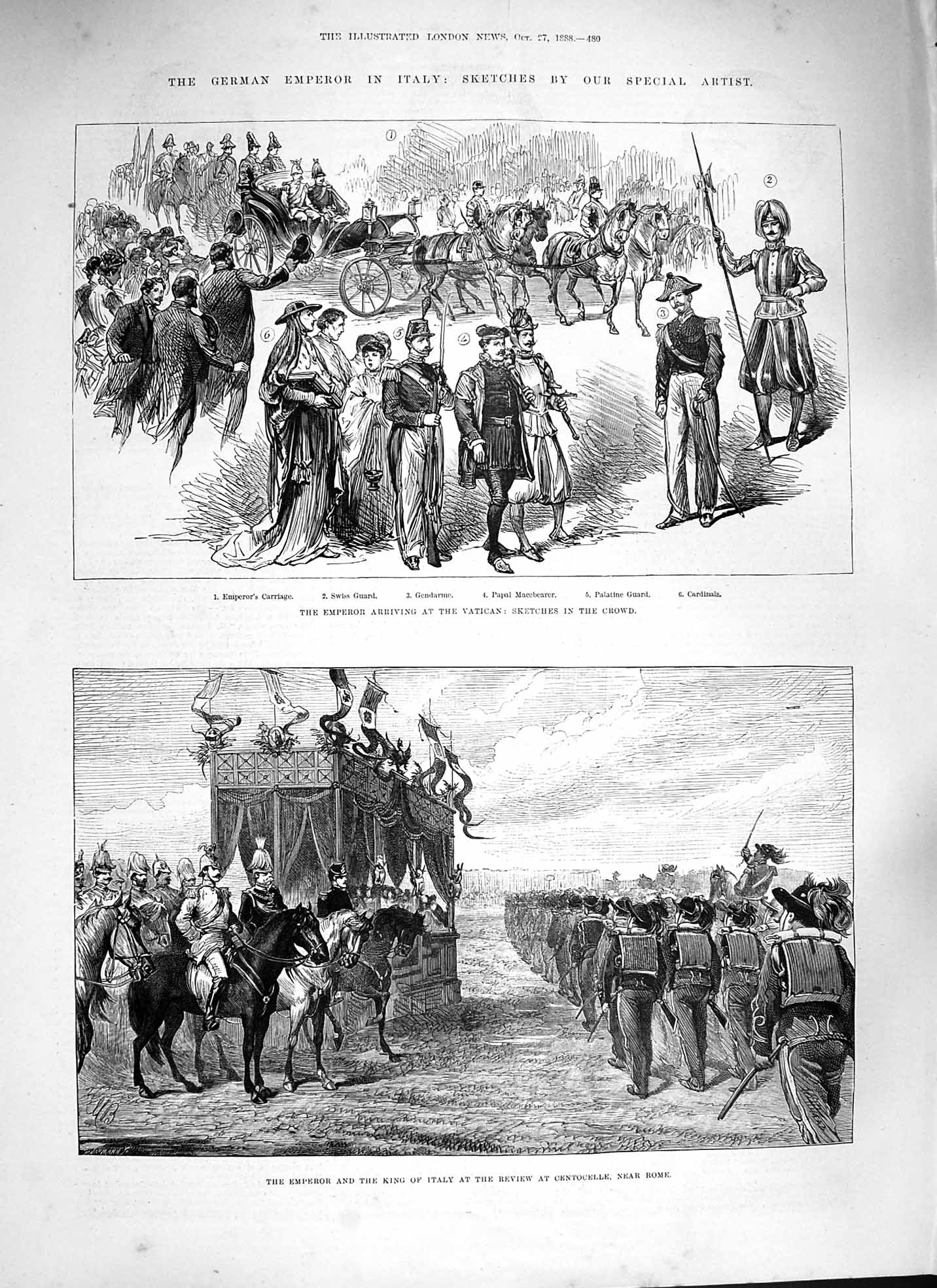 Old Antique Print 1888 Emperor Germany Italy Vatican King Centocelle Rome 19th