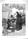 Original Old Antique Print 1888 Faith Freedom Market Stalls Lady Tobacco 19th