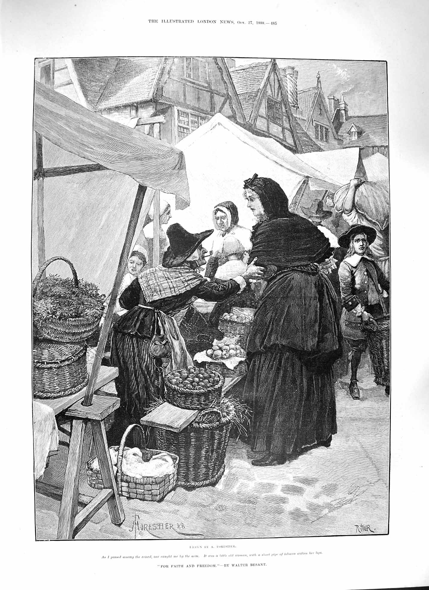 Original Old Antique Print 1888 Faith Freedom Market Stalls Lady Tobacco 19th