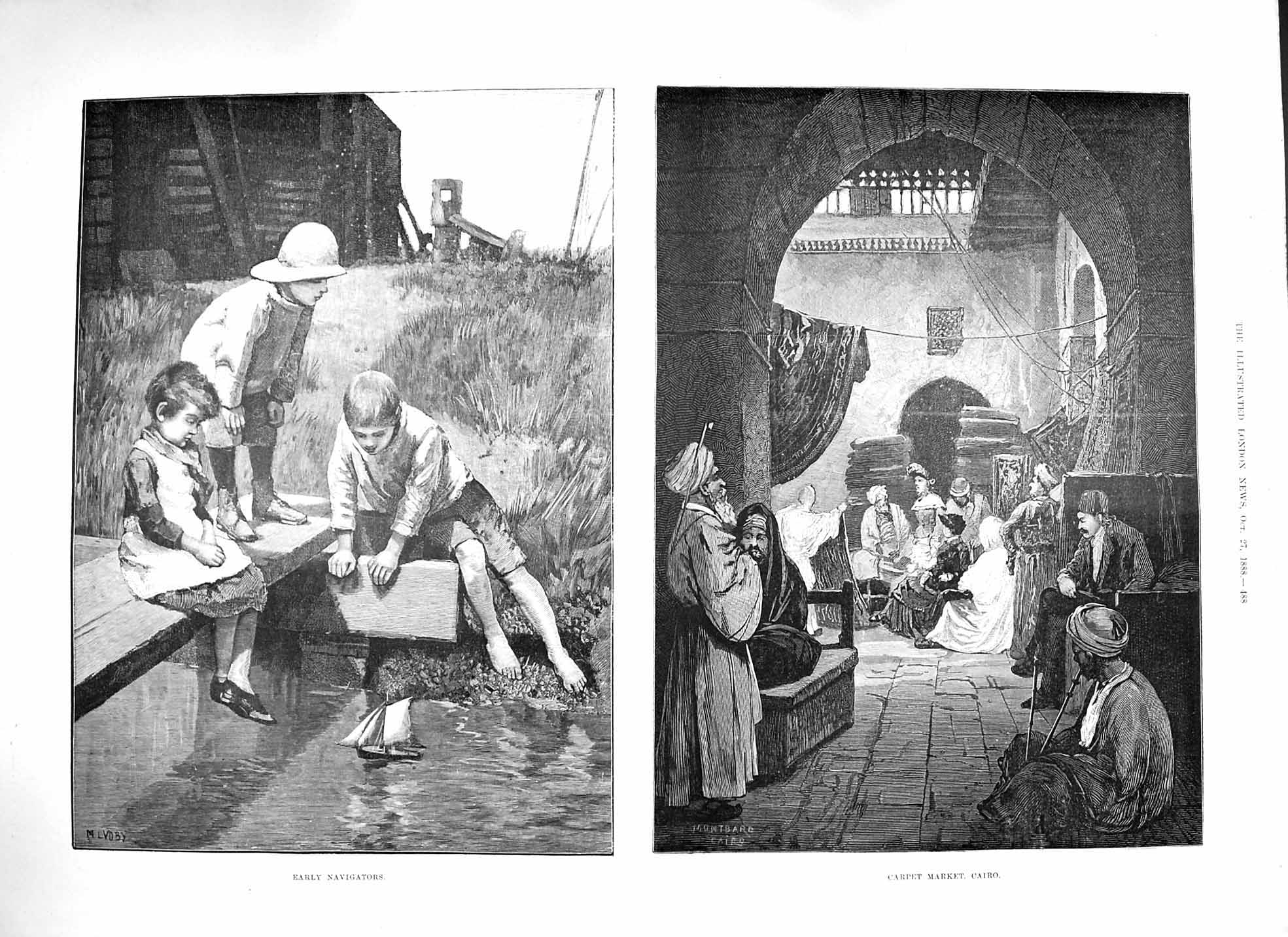 Old Antique Print 1888 Carpet Market Cairo Egypt Children Playing Boats 19th