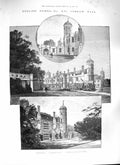 Old Antique Print 1888 Cobham Hall Private Gardens Entrance Architecture 19th