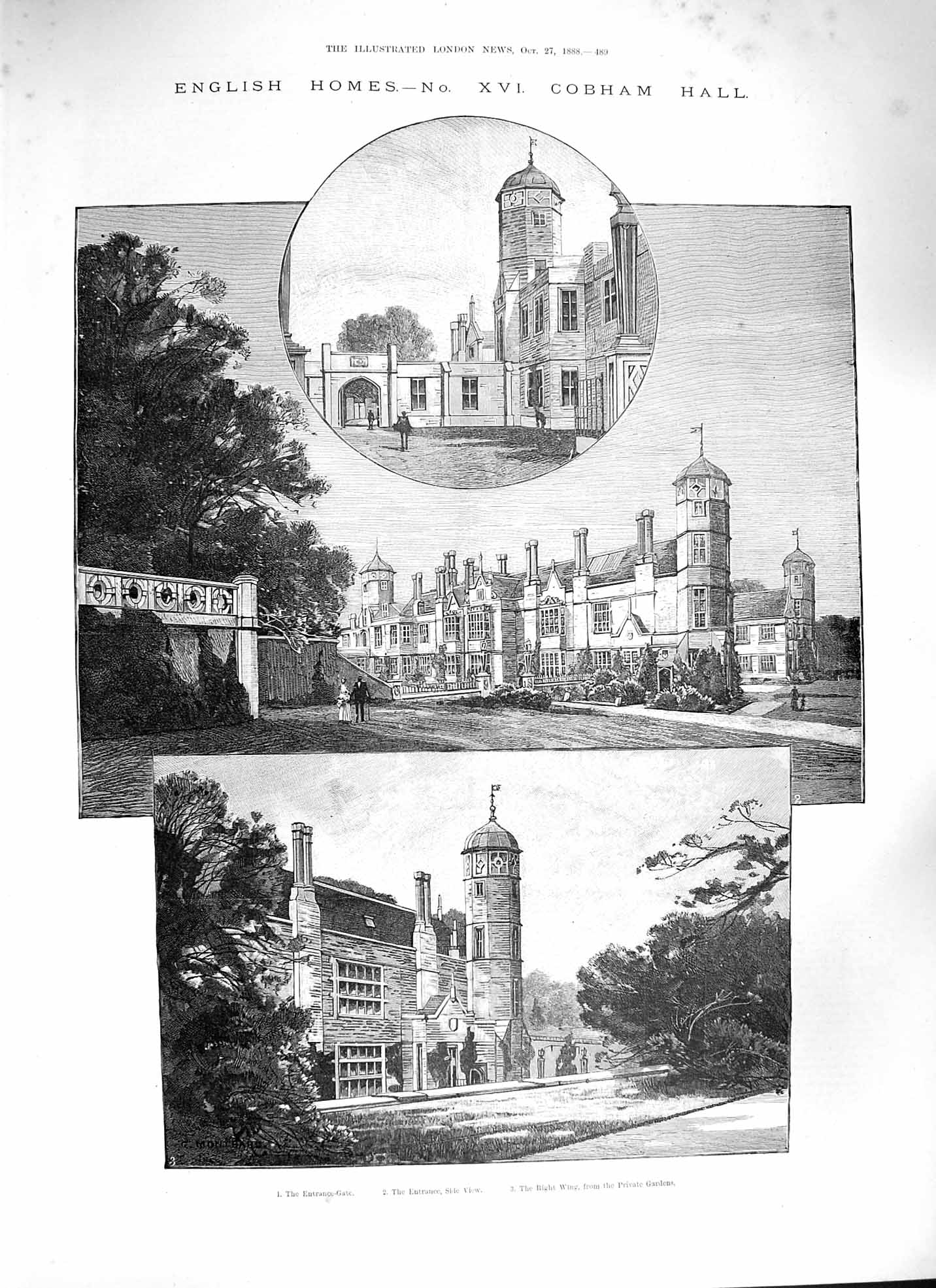Old Antique Print 1888 Cobham Hall Private Gardens Entrance Architecture 19th