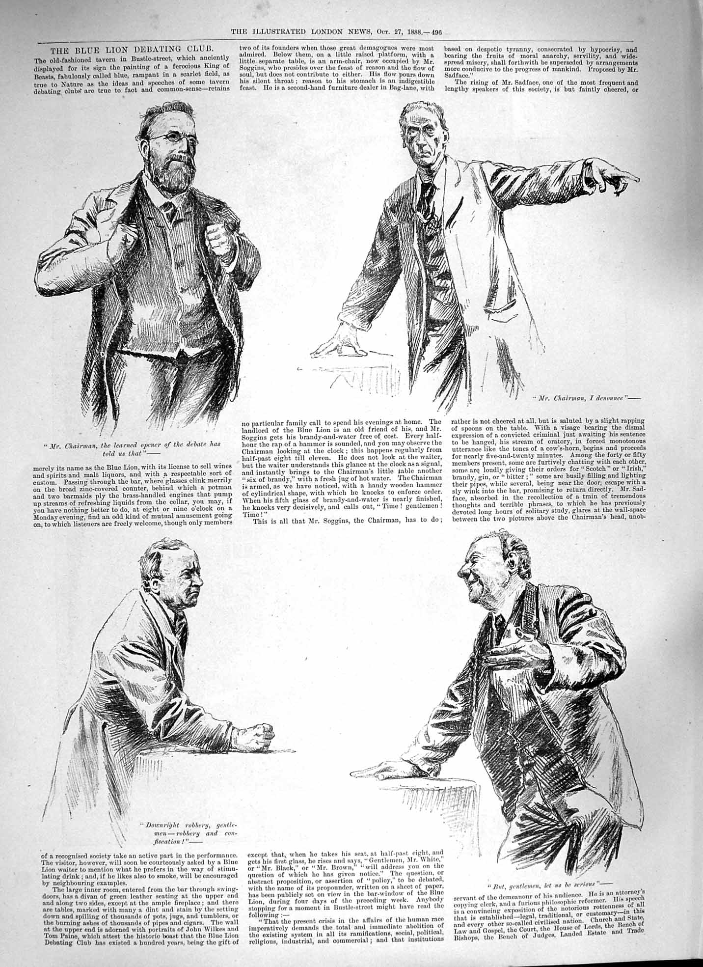 Original Old Antique Print 1888 Blue Lion Debating Club Chairman Bustle Street