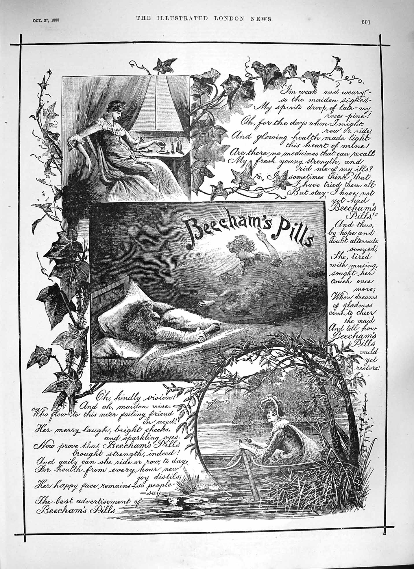 Original Old Antique Print 1888 Advertisement Beechams Pill Medicine River Boat