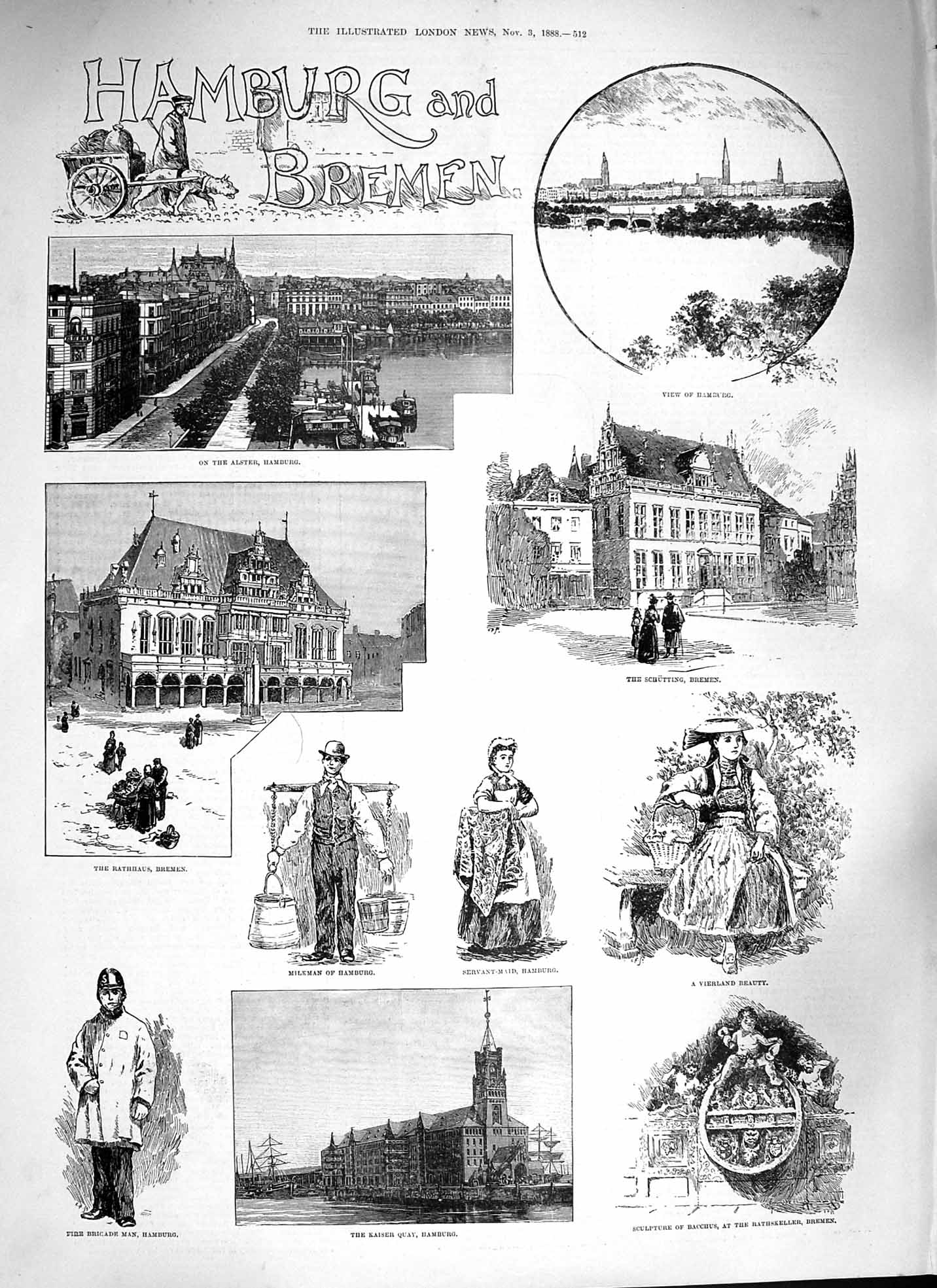 Old Antique Print 1888 Hamburg Bremen Kaiser Quay Alster Schutting Girl 19th