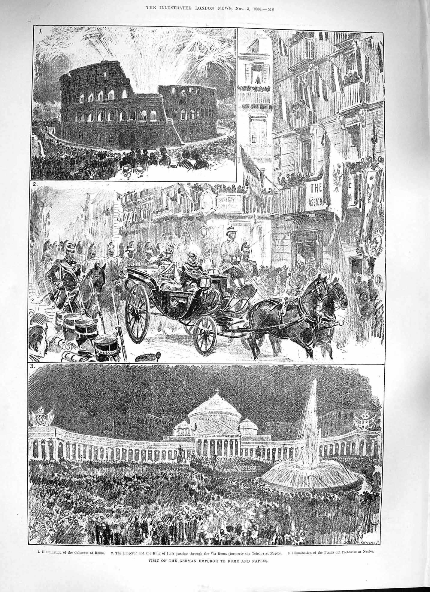Original Old Antique Print 1888 German Emperor Rome Naples Coliseum King Italy