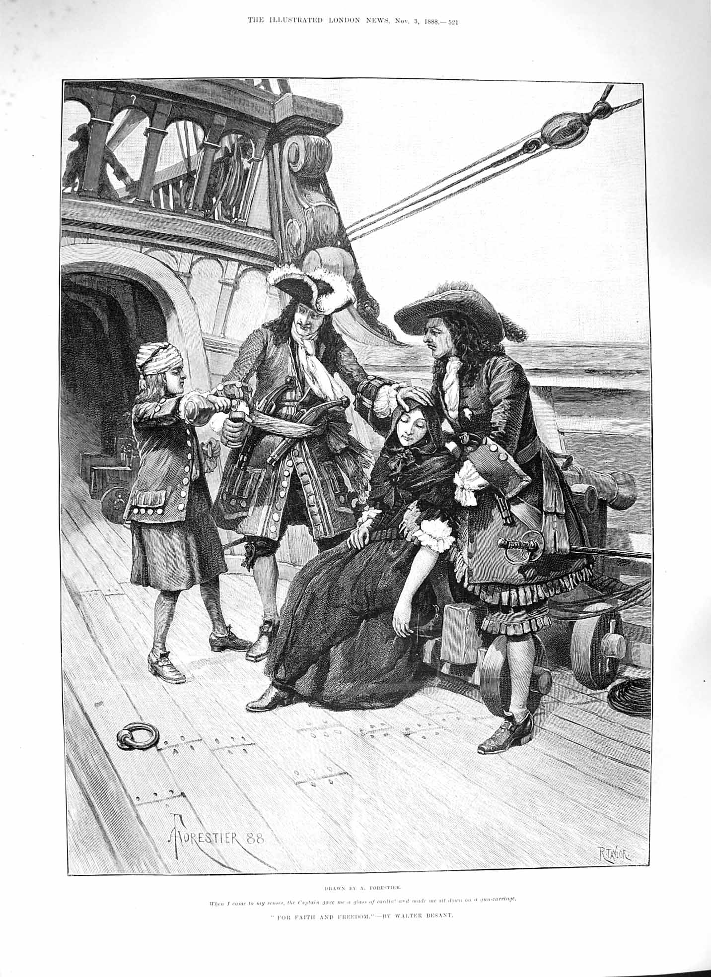 Old Antique Print 1888 Faith Freedom War Ship Captain Gun-Carriage Lady 19th