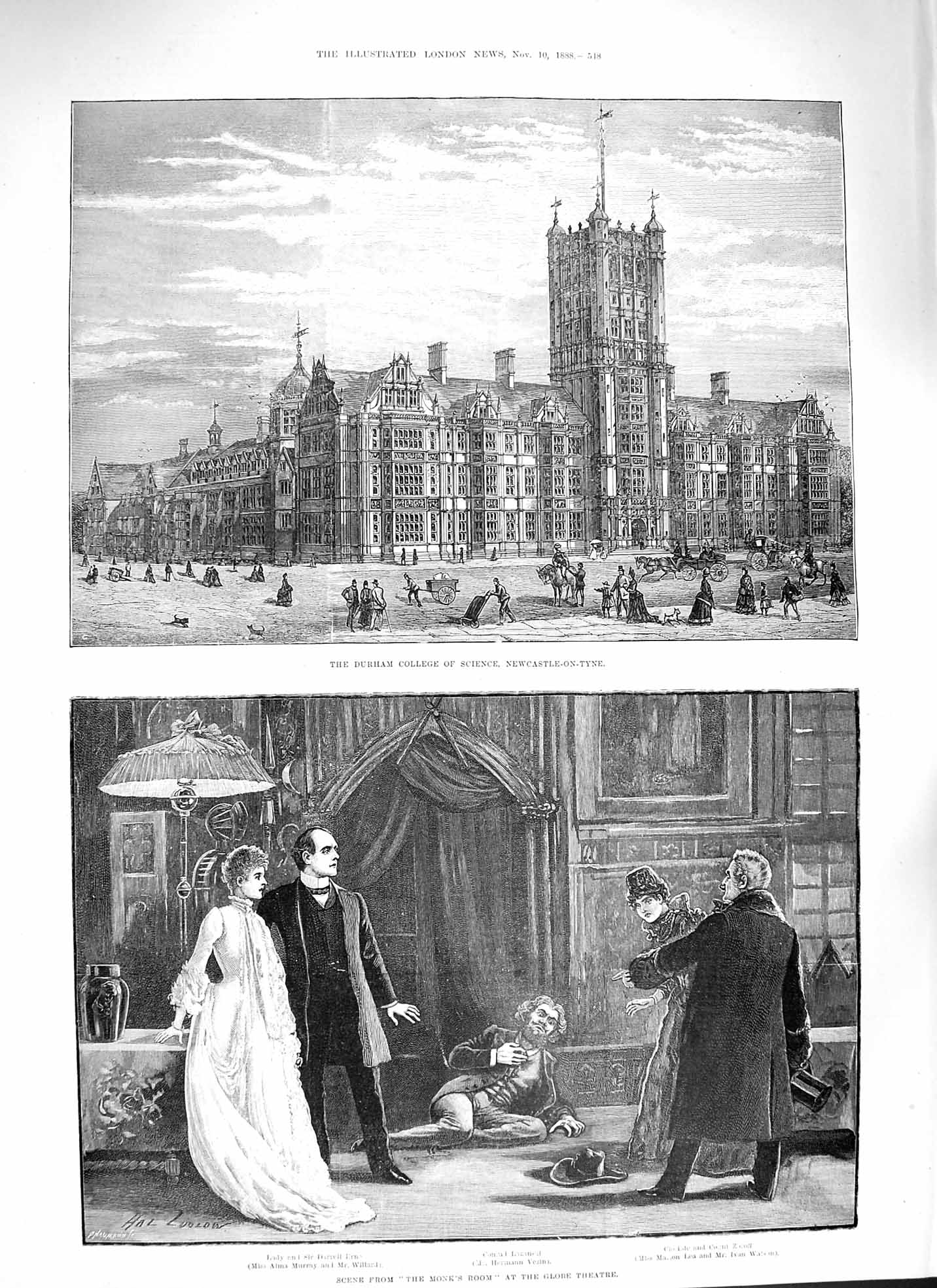 Original Old Antique Print 1888 Durham College Science Globe Theatre Monks Room