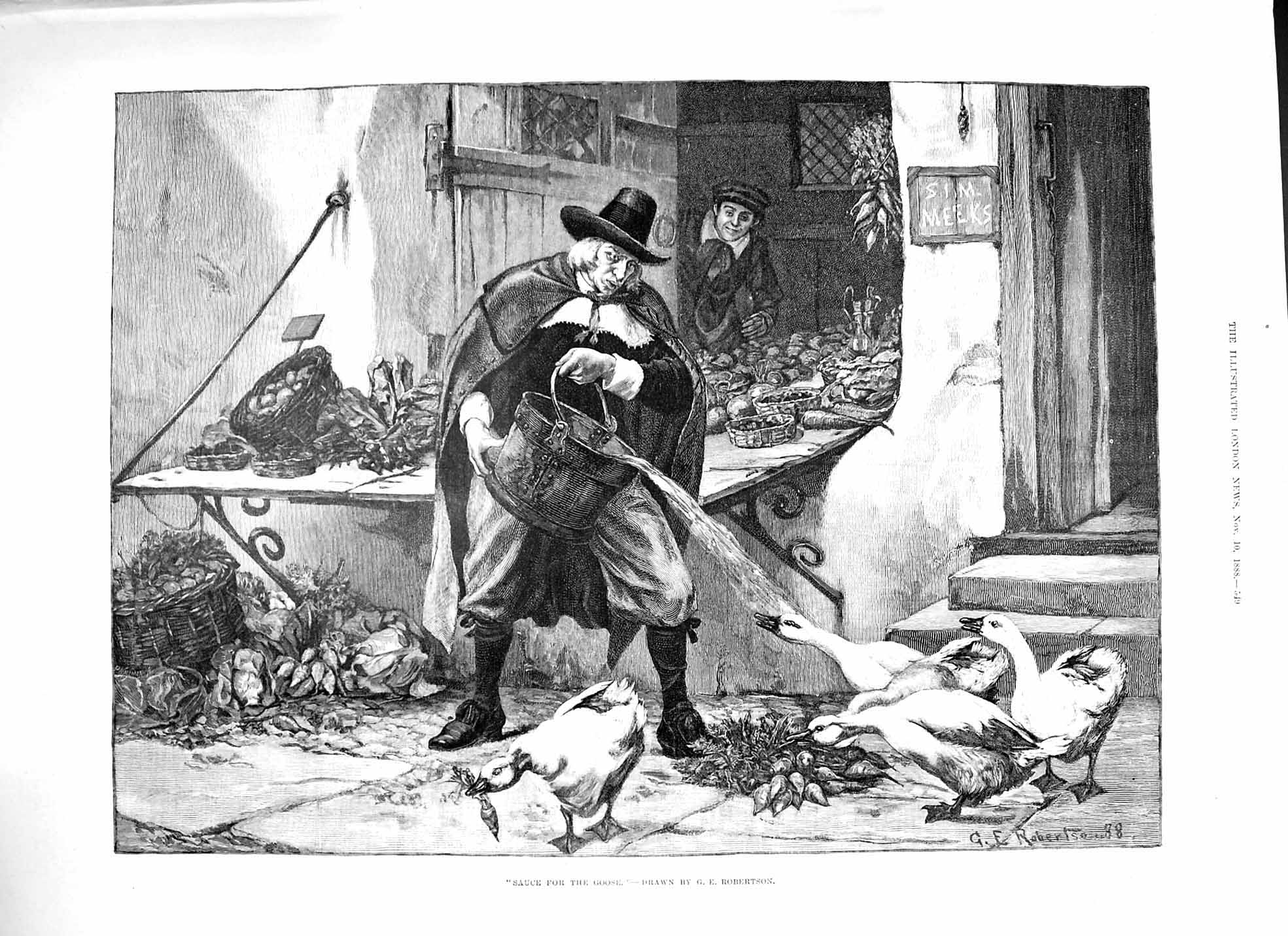 Original Old Antique Print 1888 Sauce Goose Man Feeding Water Birds Robertson