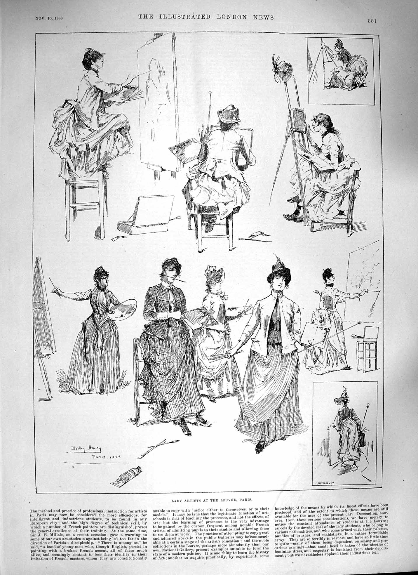 Original Old Antique Print 1888 Lady Artists Louvre Paris Painting France 19th
