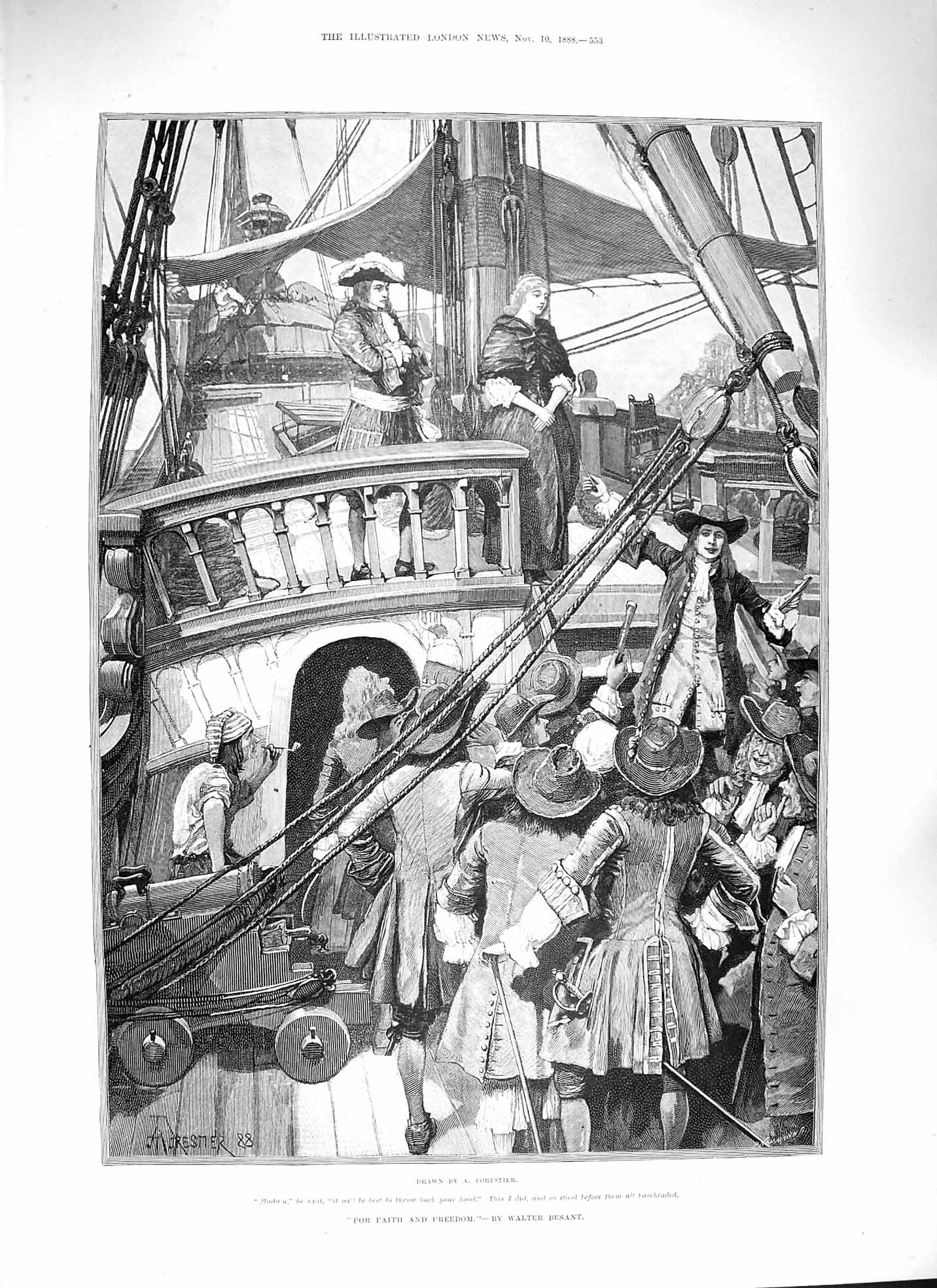 Original Old Antique Print 1888 Faith Freedom War Ship Lady Men 19th