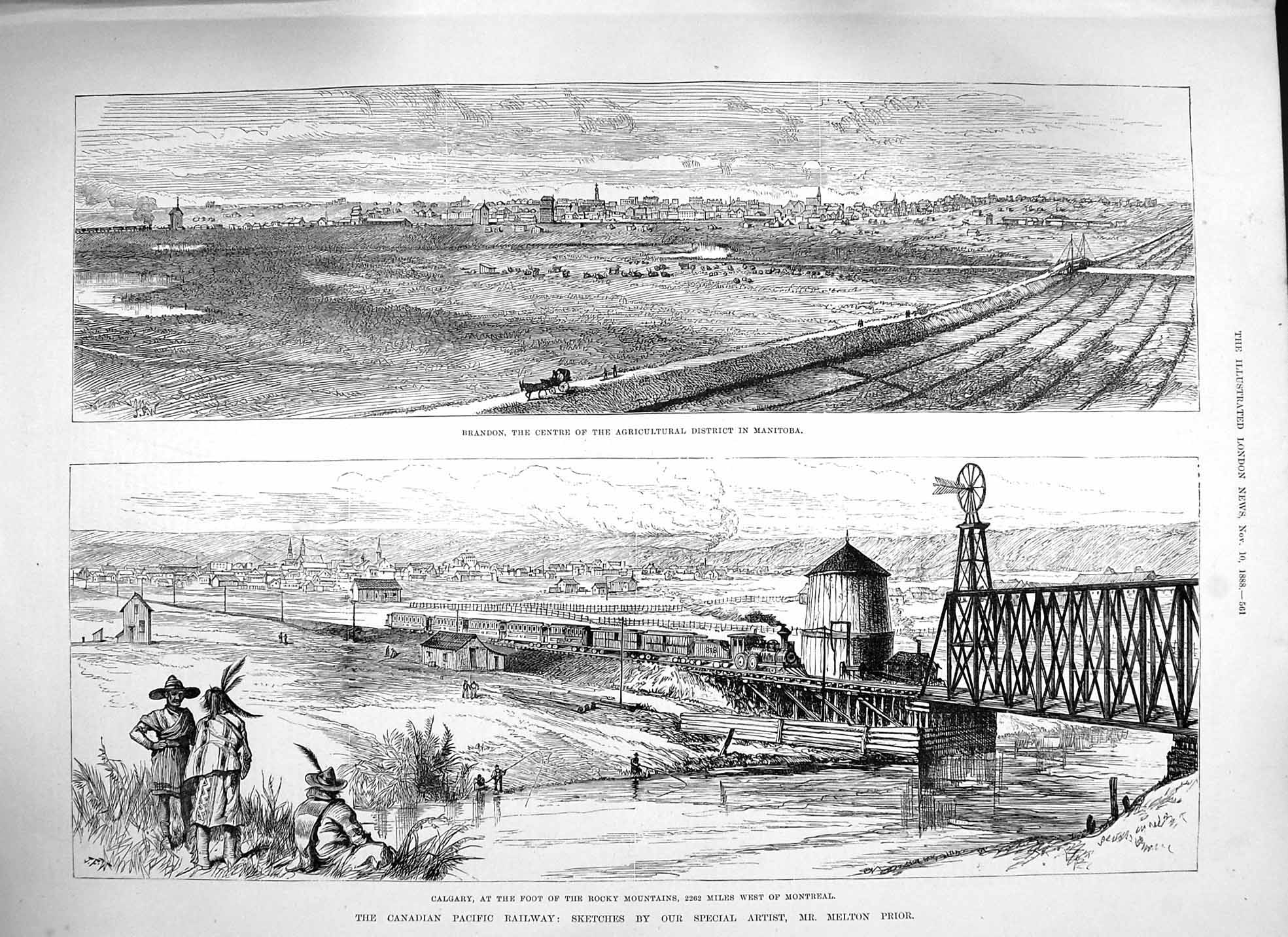 Original Old Antique Print 1888 Canada Pacific Railway Calgary Rocky Mountains