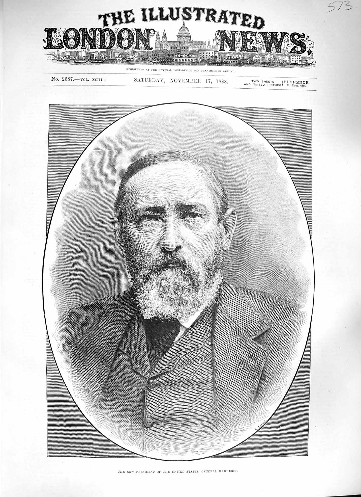 Antique Print *3392 1888 Portrait President United States General Harrison