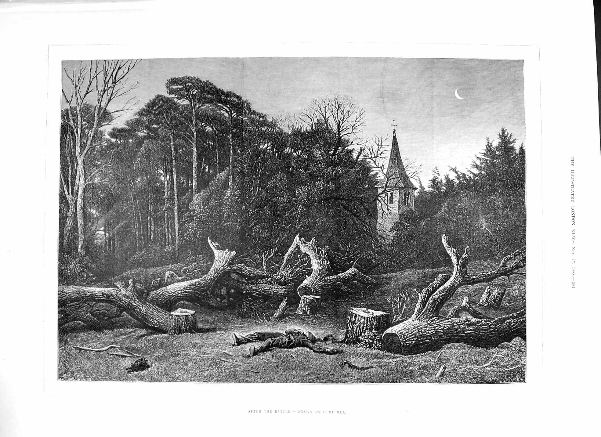 Original Old Antique Print 1888 Dead Siers After Battle Woods Moonlight Scene