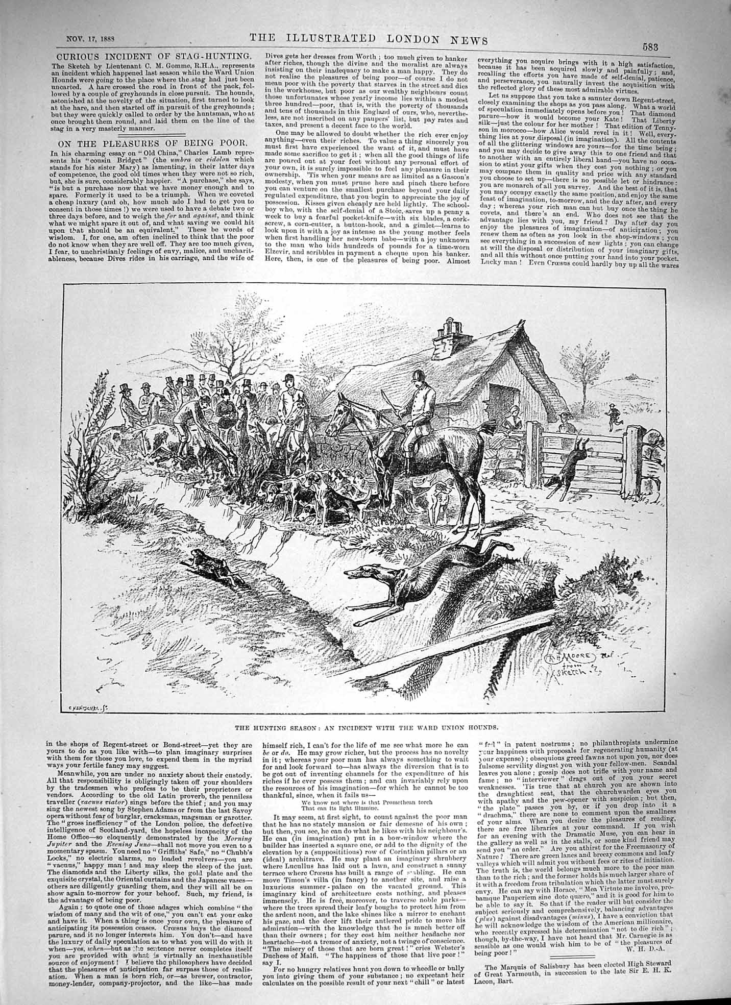 Original Old Antique Print 1888 Hunting Season Ward Union Hounds Horses Sport