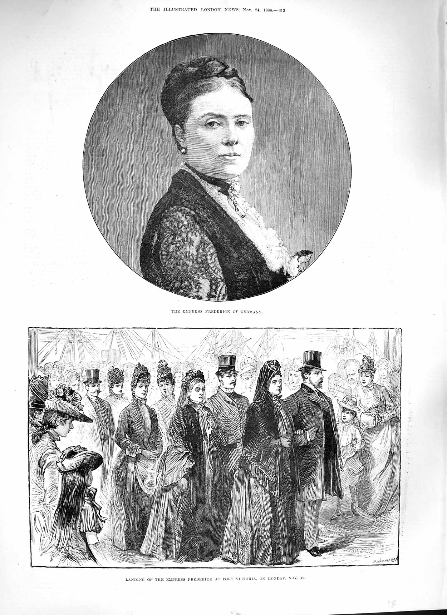 Original Old Antique Print 1888 Empress Frederick Germany Port Victoria Ships