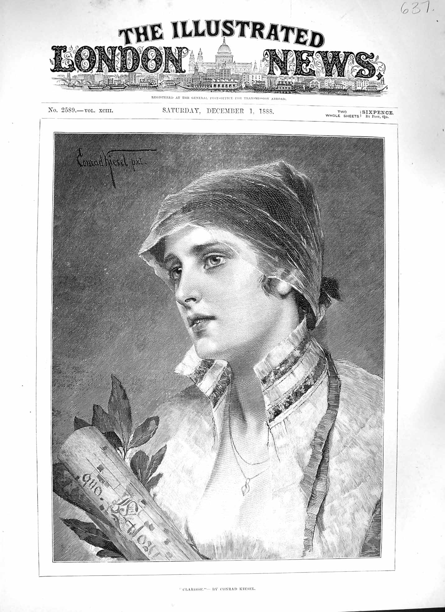 Original Old Antique Print 1888 Portrait Beautiful Girl Clarisse Kiesel 19th
