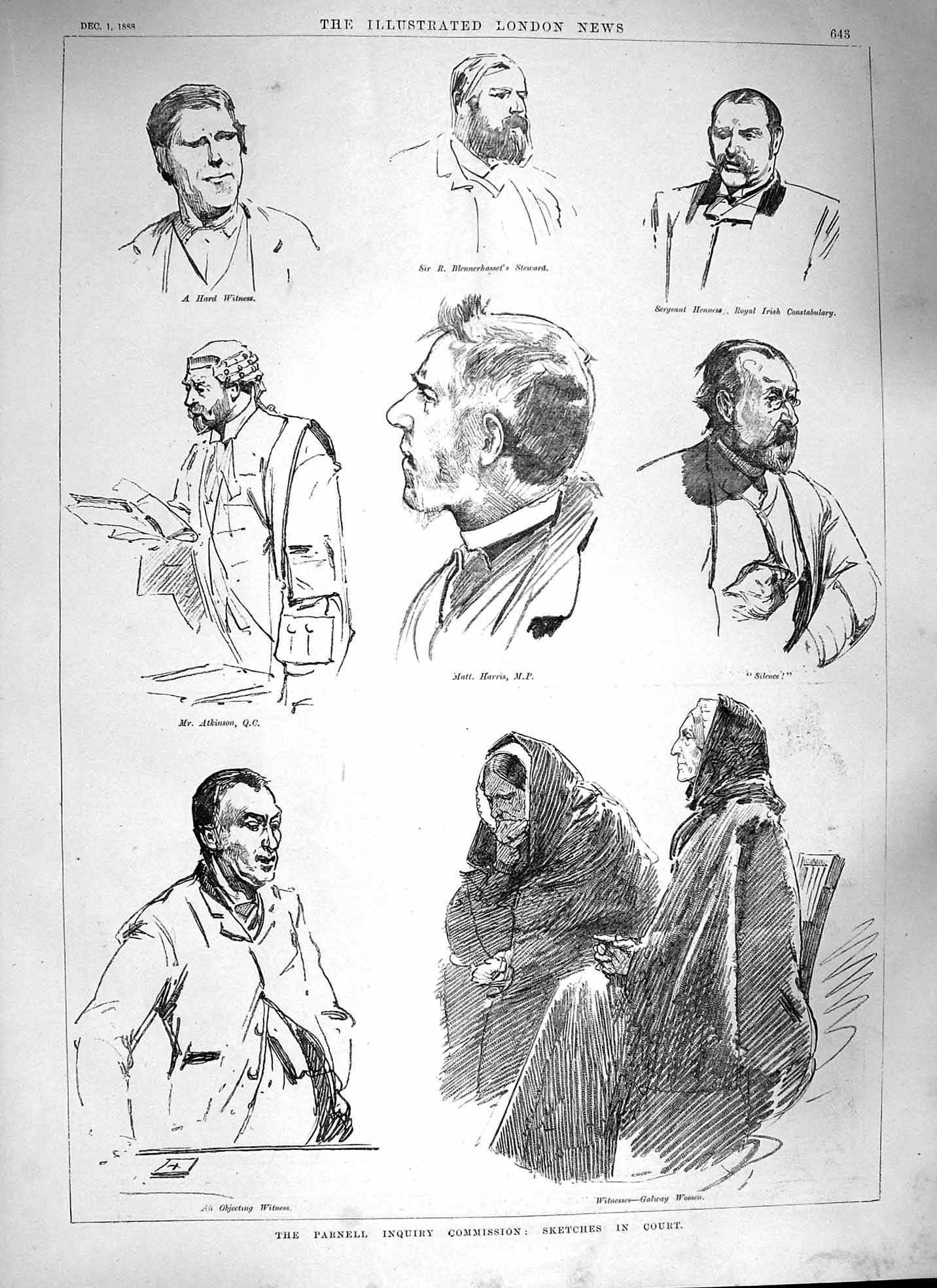Original Old Antique Print 1888 Parnell Inquiry Court Harrington Curtin Harris