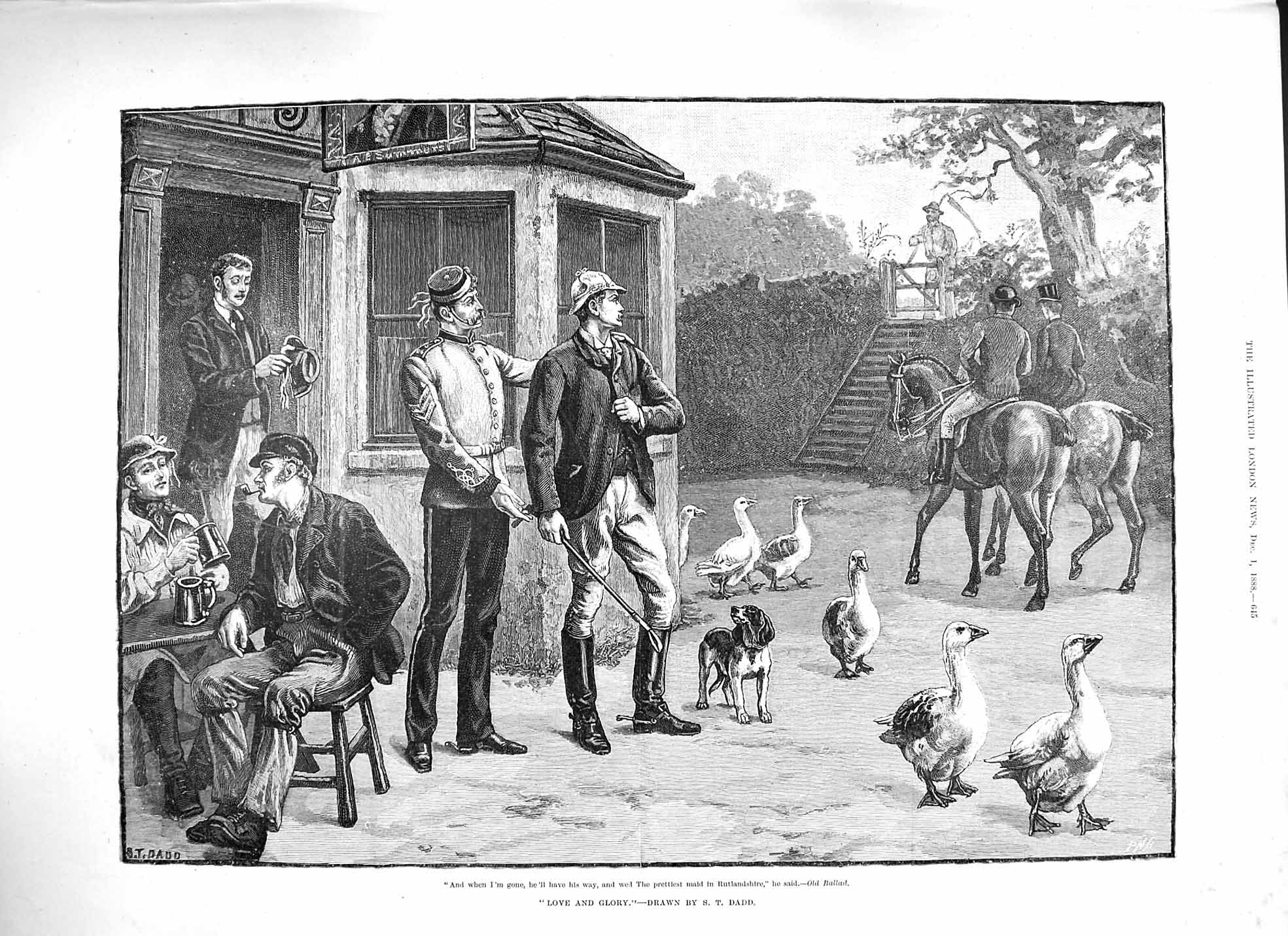 Original Old Antique Print 1888 Love Glory Huntsmen Horses Hound Dog Geese 19th