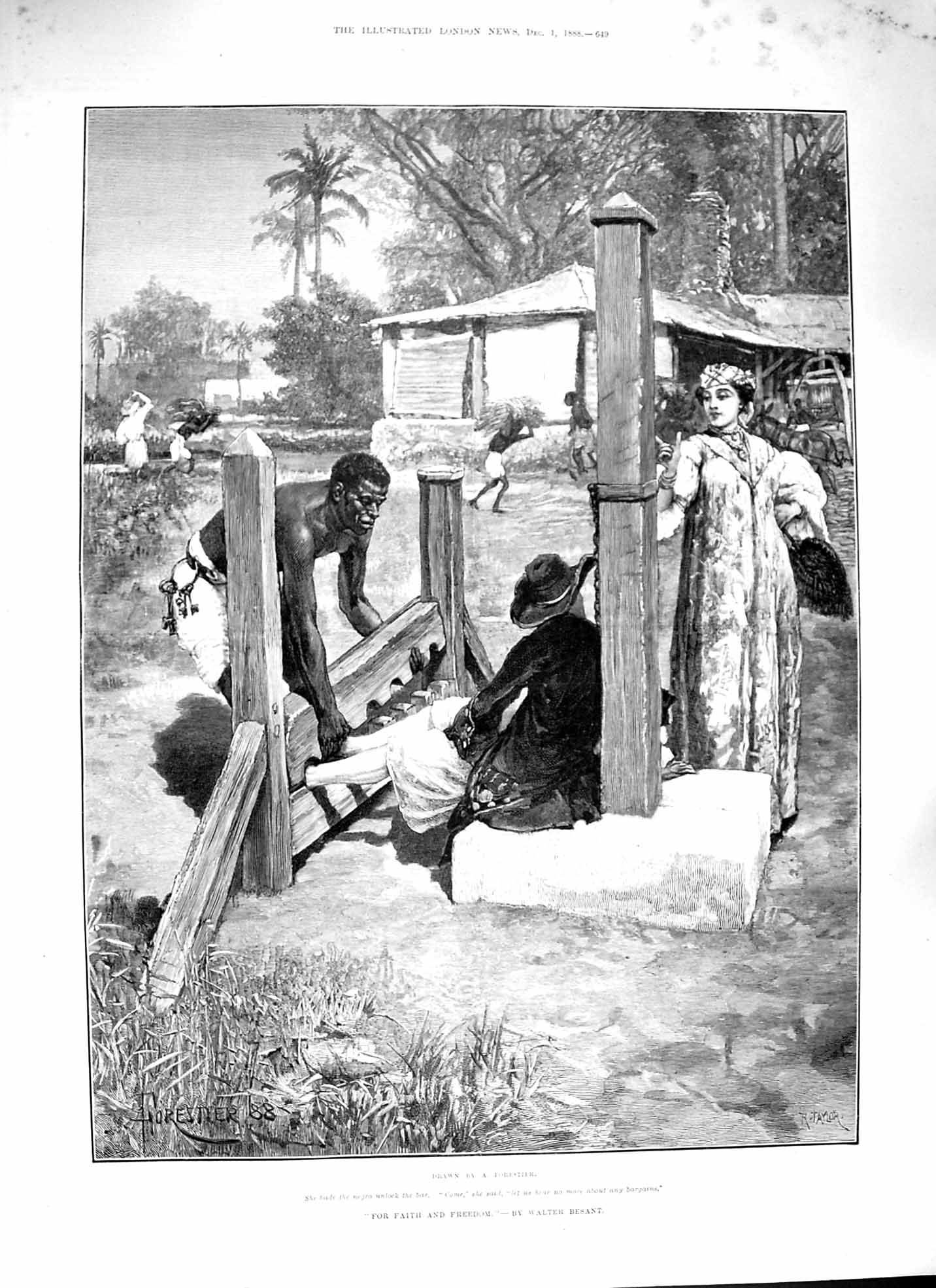 Original Old Antique Print 1888 Faith And Freedom Man Stocks Negro Besant 19th